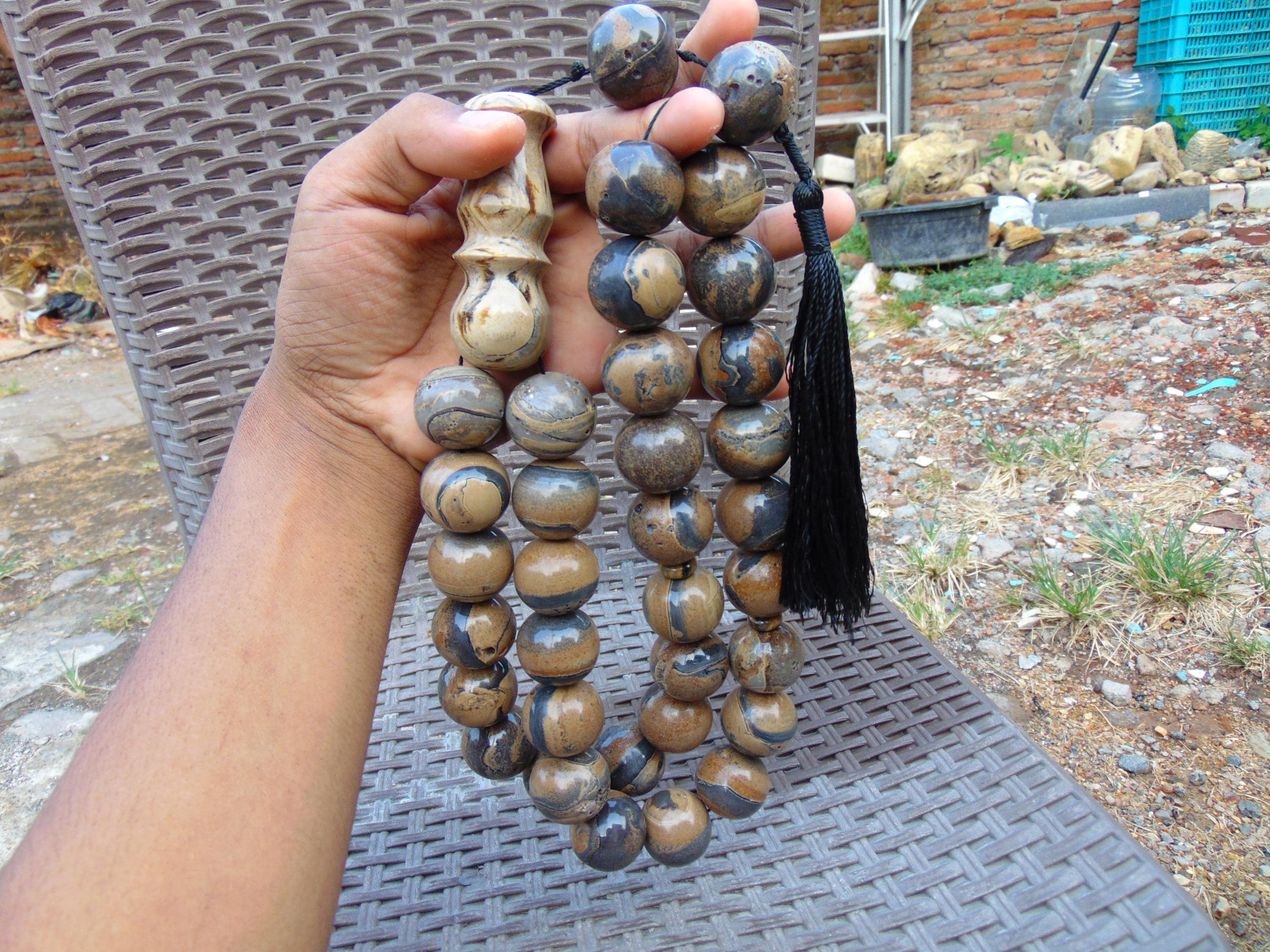 350 gram Natural Indonesian Dark Cream Amber Rosary Tasbih Komboloi – 33+2 Prayer 25 mm , Meditation Jewelry 26TBX5