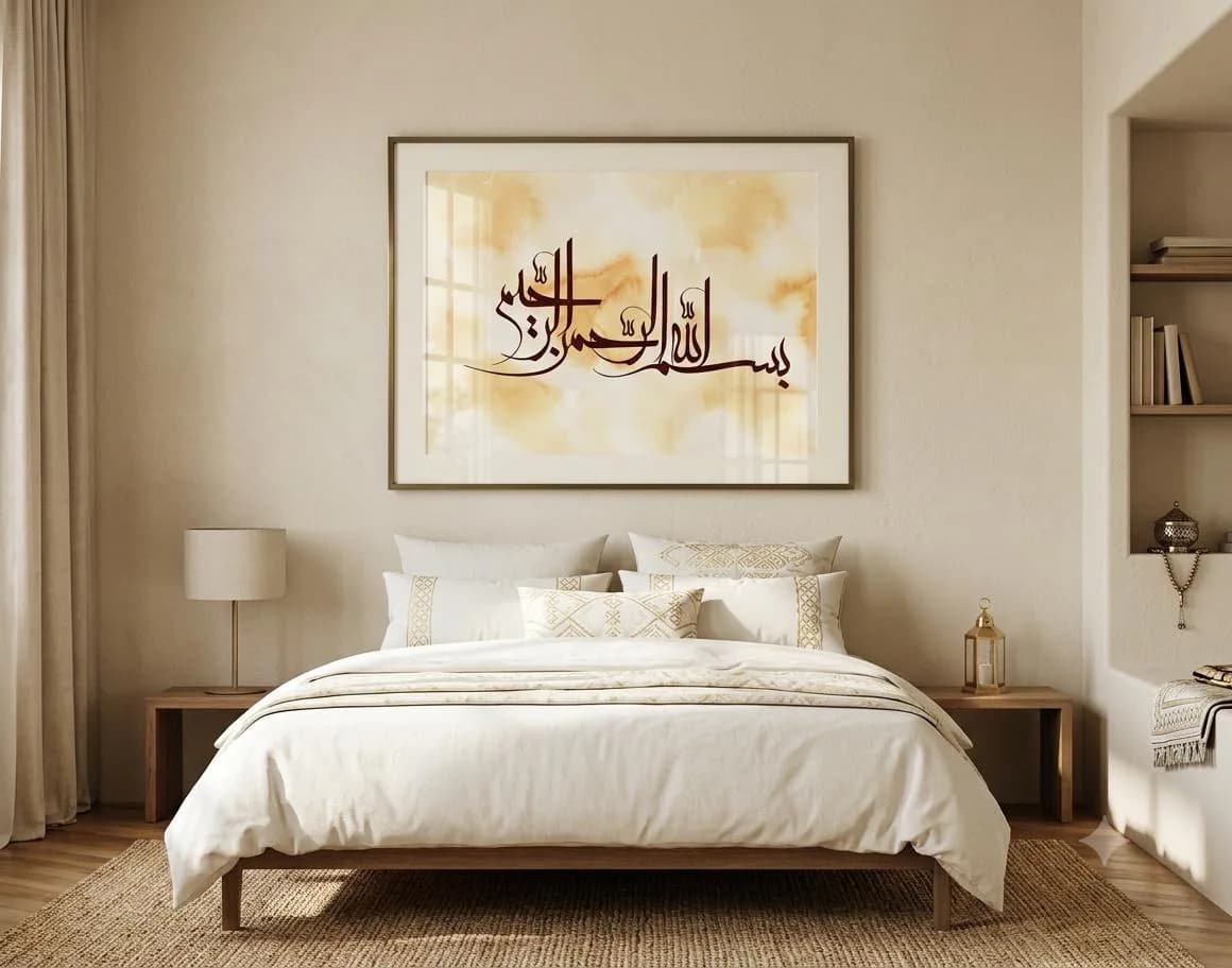 Bismillah calligraphy wall art in brown frame hanging above a bed in a serene, minimalist Islamic bedroom with warm cream tones and natural wood accents