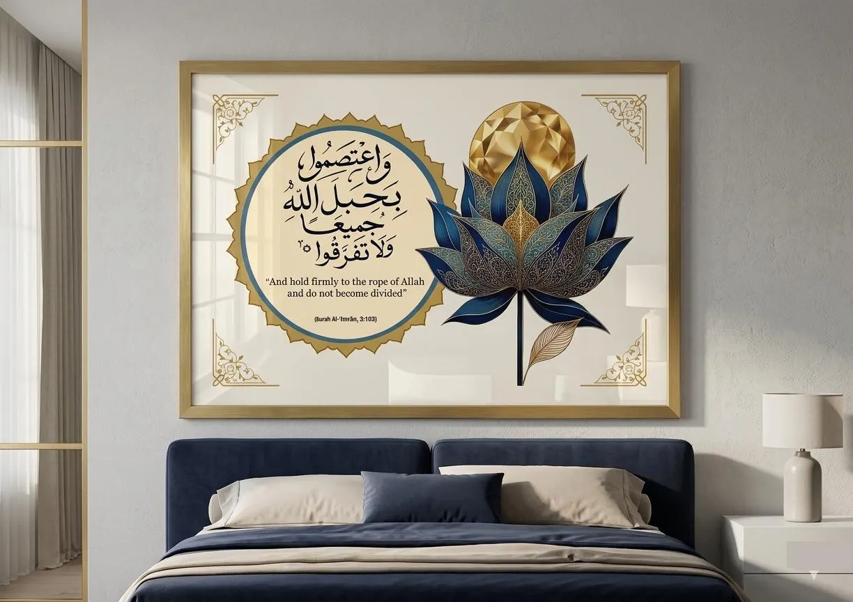 Blue Gold Lotus Islamic Décor, Quran Verse Wall Art, Surah Al Imran Printable, Spiritual decor, Wabi Sabi, Calligraphy, Digital Download
