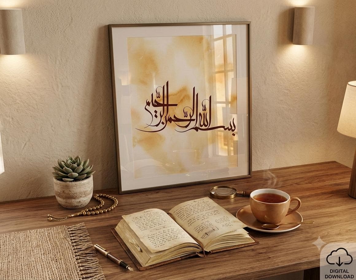 Framed Bismillah calligraphy print leaning on a wooden desk beside an open journal, prayer beads, a cup of tea, and warm wall sconces