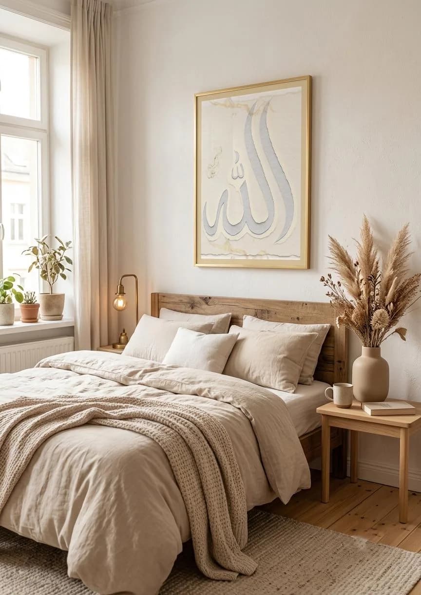 Allah name Arabic calligraphy framed print above bed in neutral aesthetic bedroom