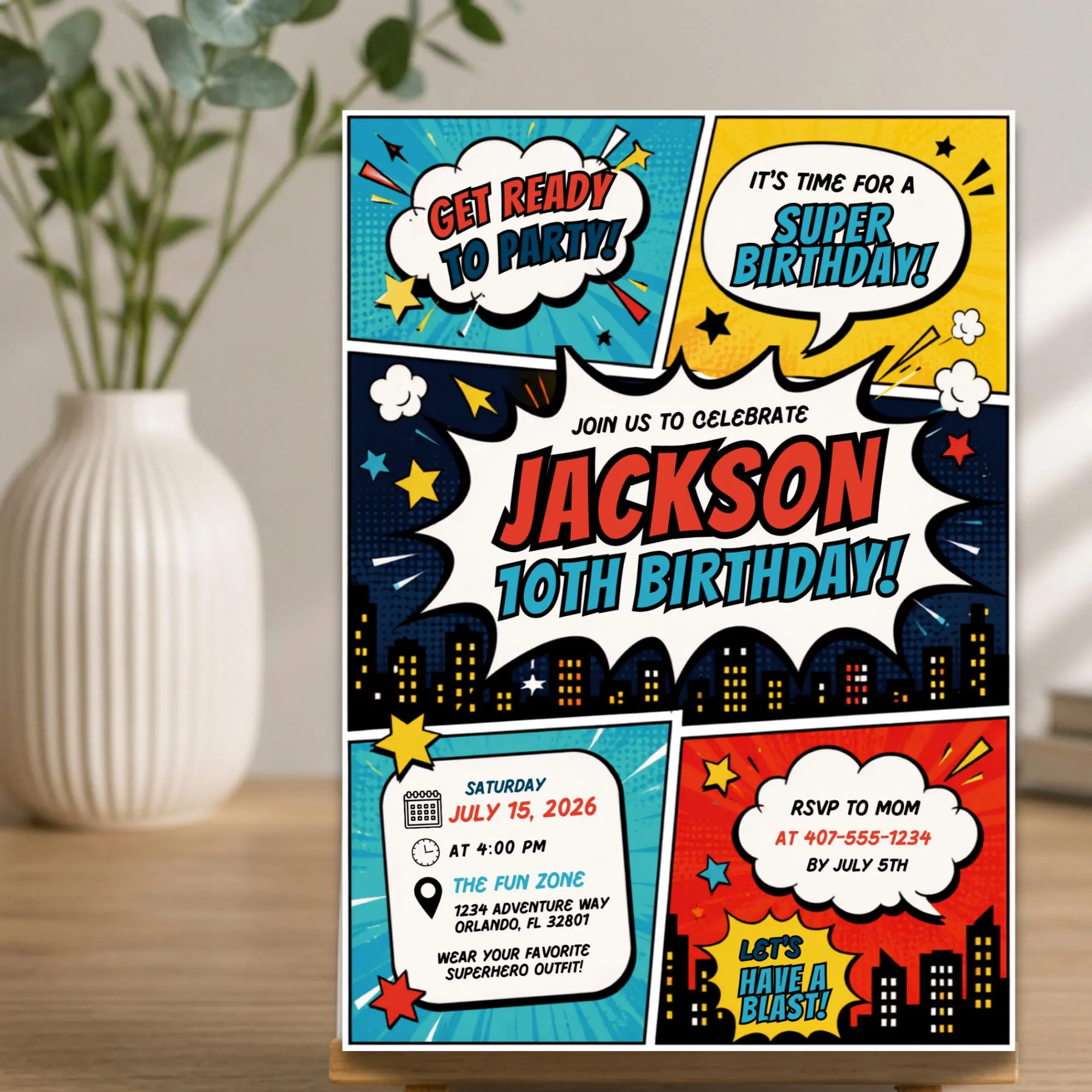 Super Hero Birthday Invitation Template, Kids Birthday Invitation Canva Template, Comic Theme Invite, Printable Birthday Invite, Digital - image 4