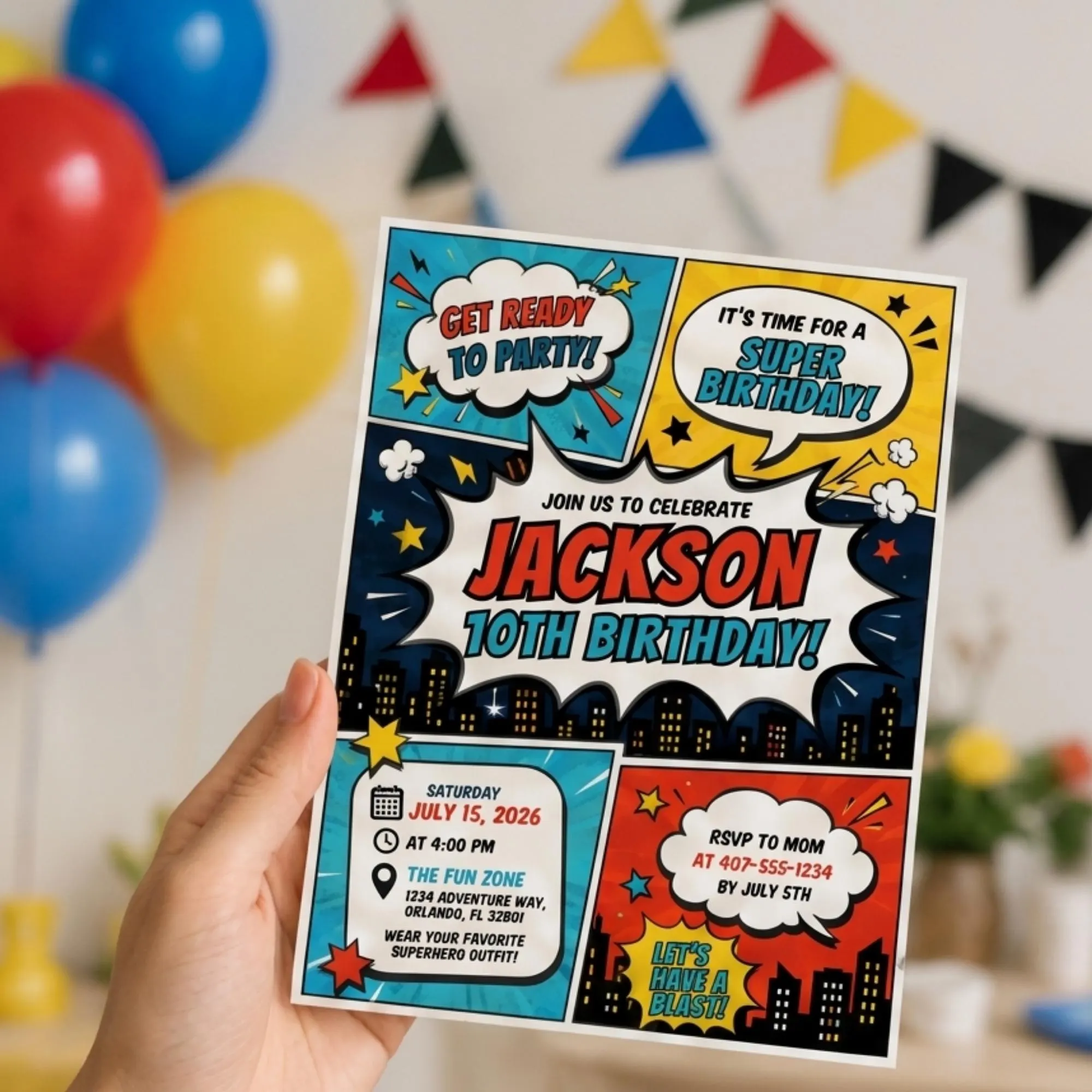Super Hero Birthday Invitation Template, Kids Birthday Invitation Canva Template, Comic Theme Invite, Printable Birthday Invite, Digital