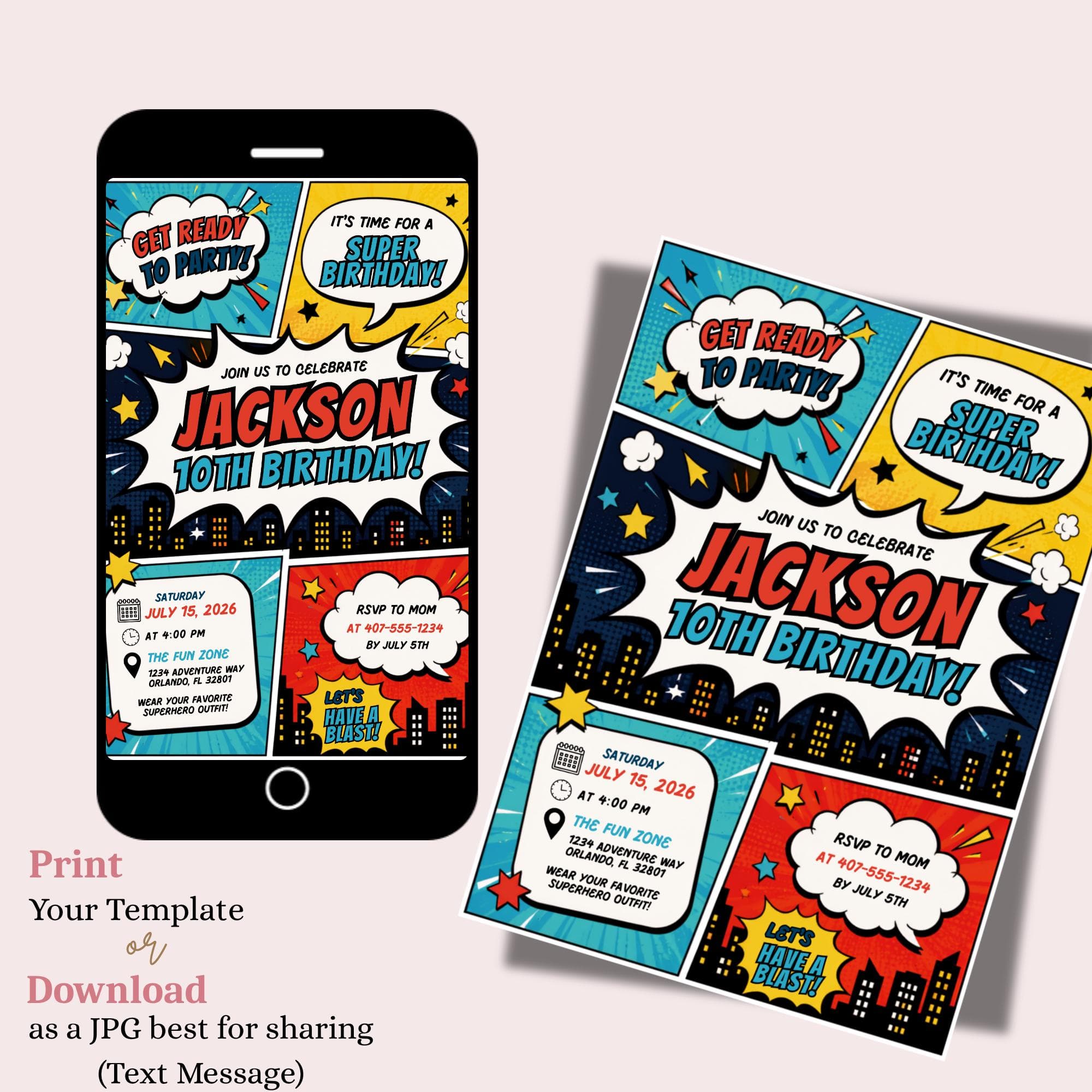 Super Hero Birthday Invitation Template, Kids Birthday Invitation Canva Template, Comic Theme Invite, Printable Birthday Invite, Digital - image 5