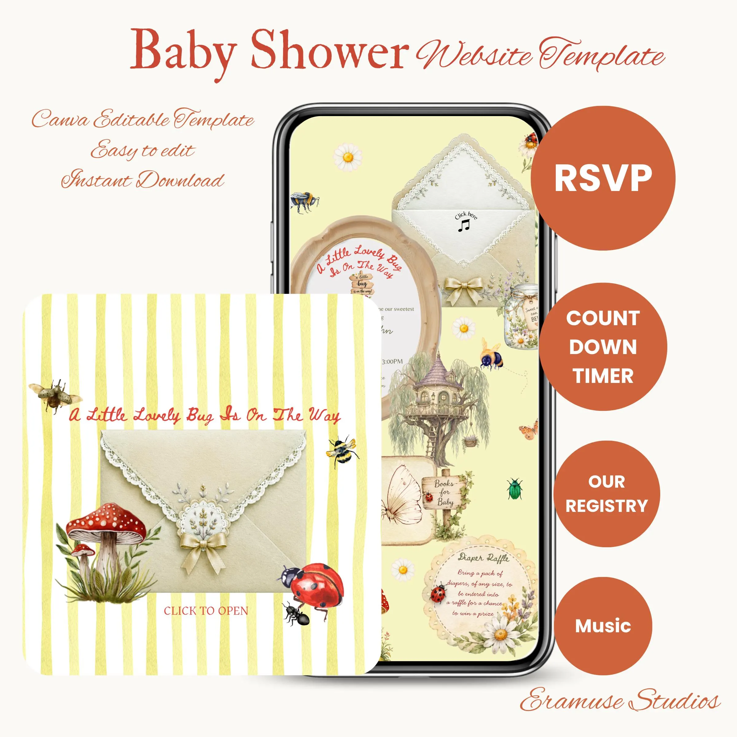 Love Bug Baby Shower Website Template, Editable Canva Invitation with RSVP, Animated Ladybug Invite, Countdown & Registry