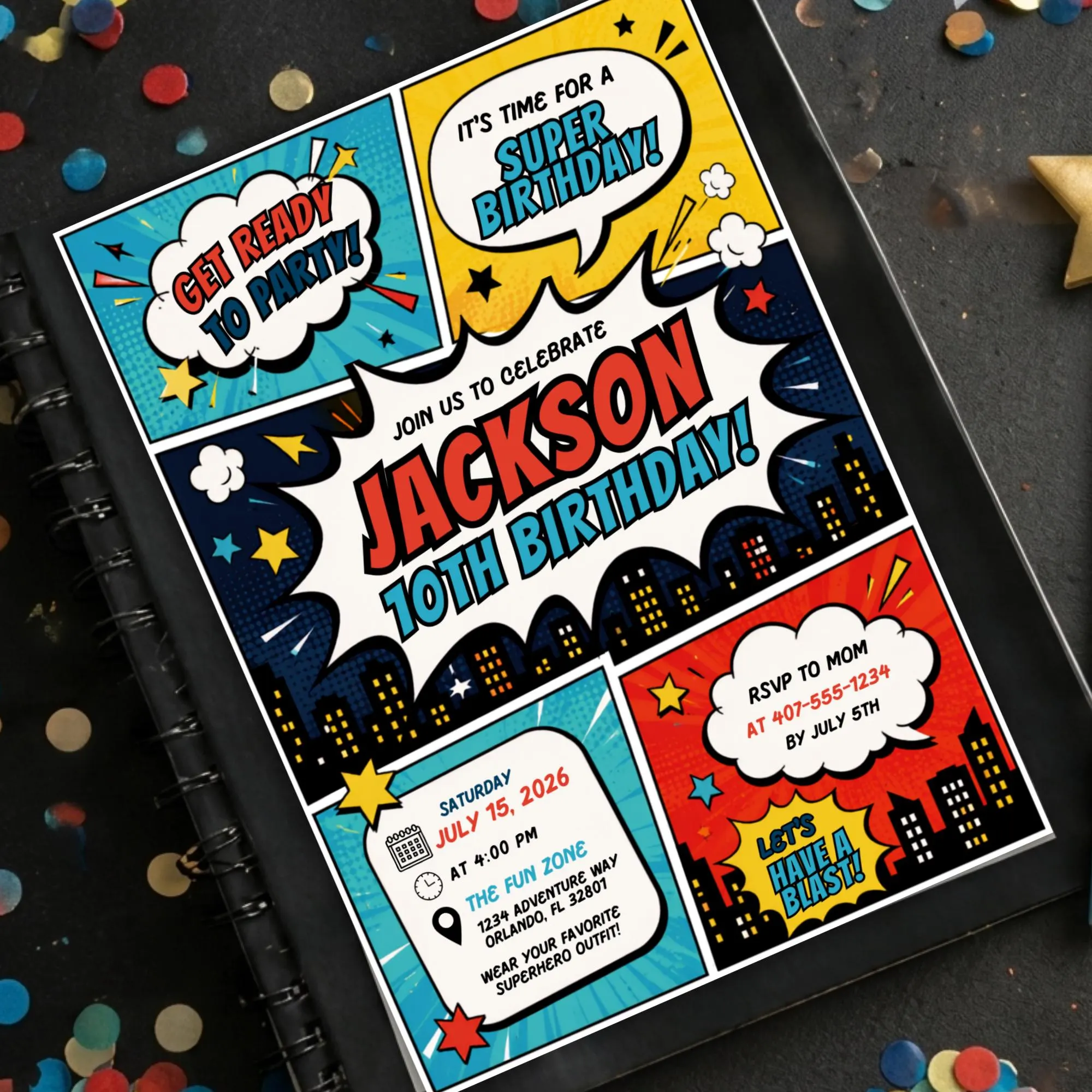 Super Hero Birthday Invitation Template, Kids Birthday Invitation Canva Template, Comic Theme Invite, Printable Birthday Invite, Digital - image 3