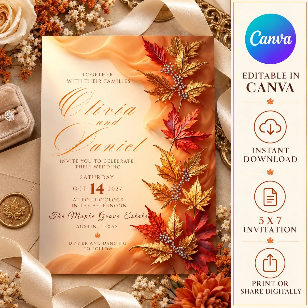 Editable Autumn Maple Leaf Wedding Invitation Template (5x7 Canva)