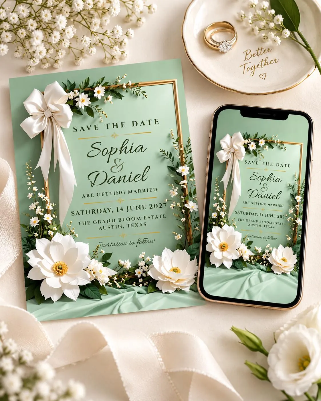 Sage Green Floral Save the Date Template, White Bow, Gold Accents (Canva Editable) - image 4