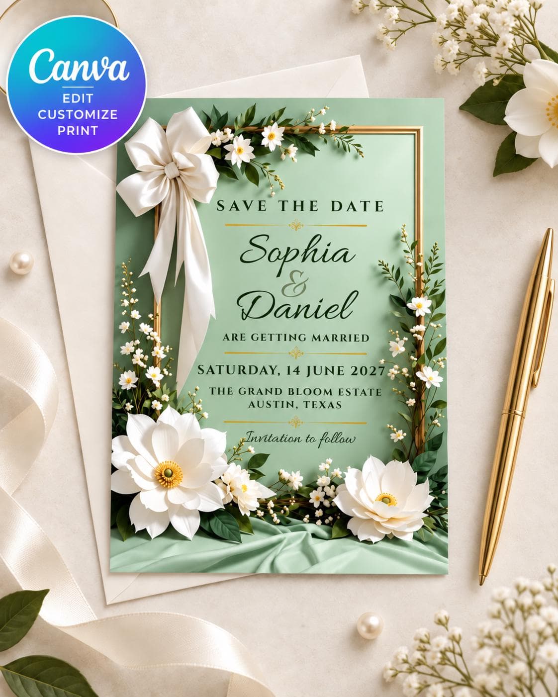 Sage Green Floral Save the Date Template, White Bow, Gold Accents (Canva Editable)