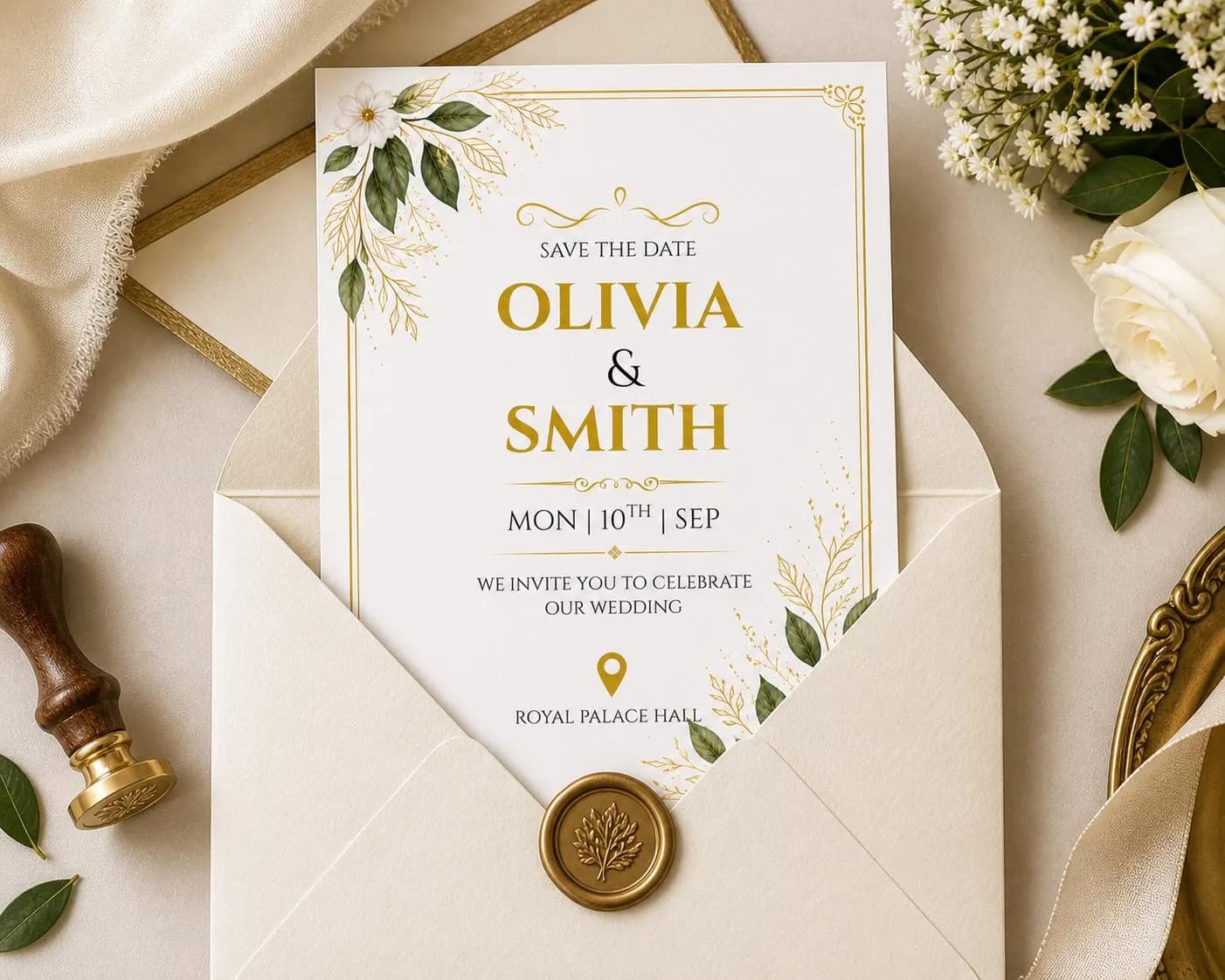 Editable Gold Greenery Save the Date Template, Canva Wedding Invitation, Botanical Wedding Card, Instant Download