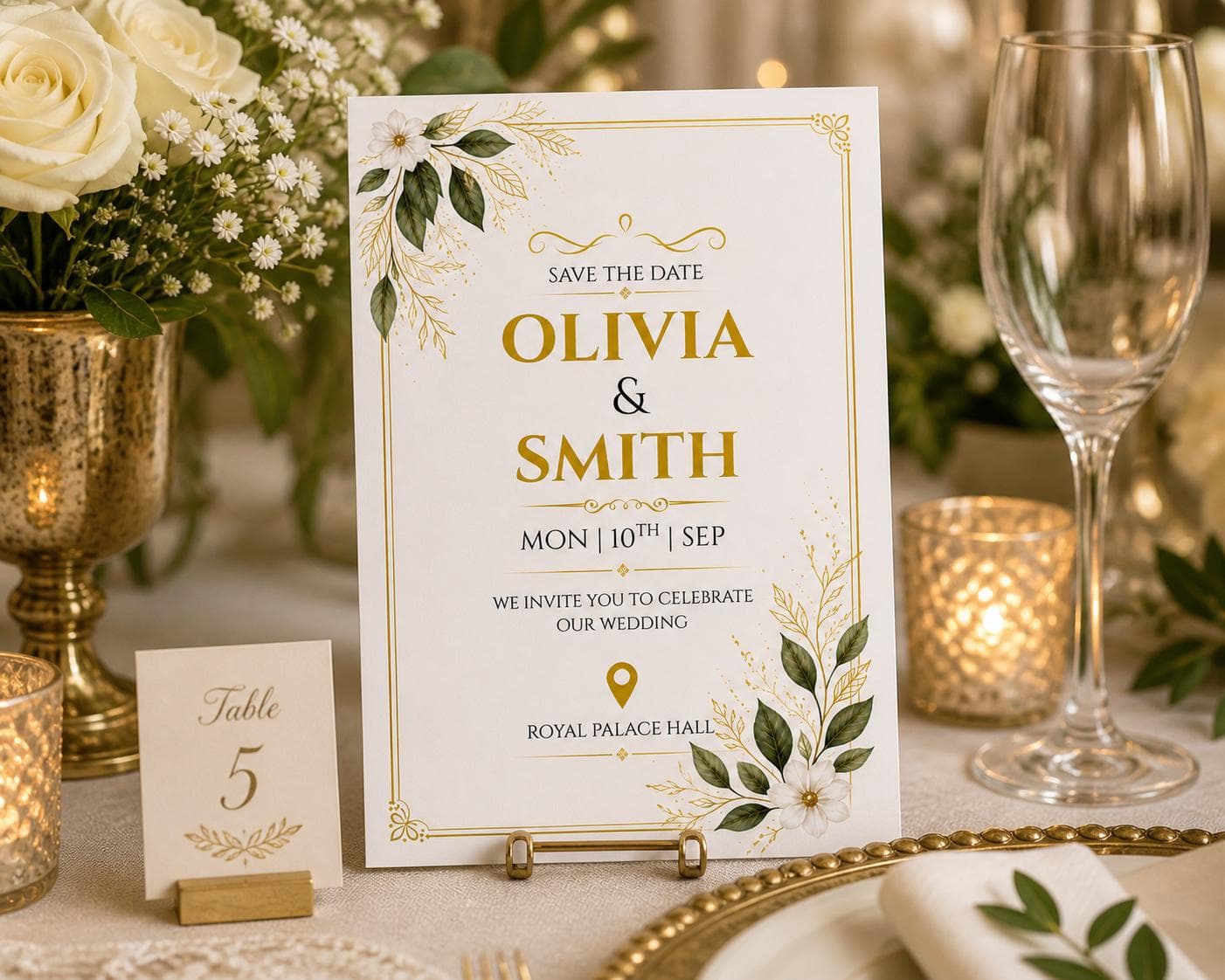 Editable Gold Greenery Save the Date Template, Canva Wedding Invitation, Botanical Wedding Card, Instant Download - image 2