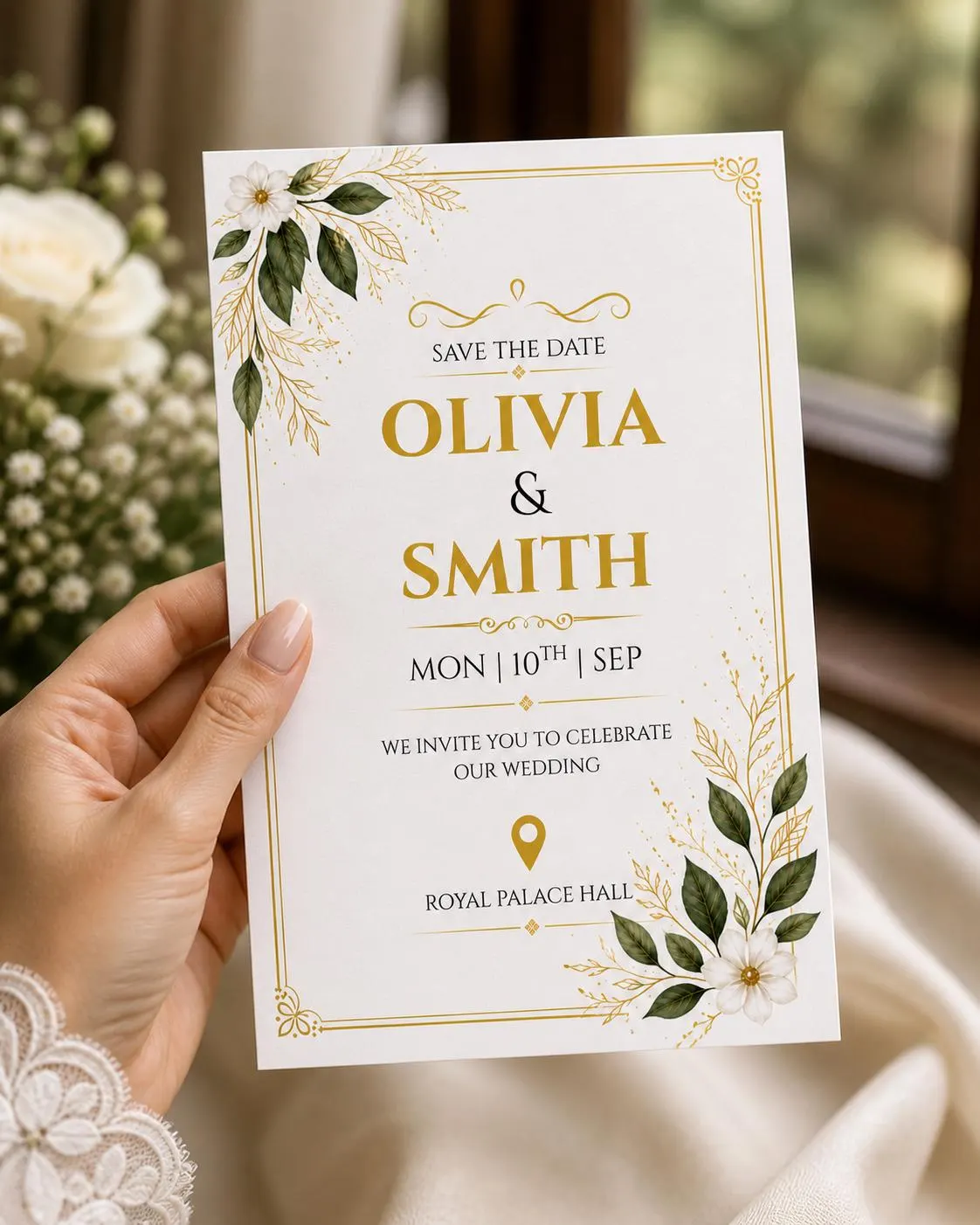 Editable Gold Greenery Save the Date Template, Canva Wedding Invitation, Botanical Wedding Card, Instant Download - image 4