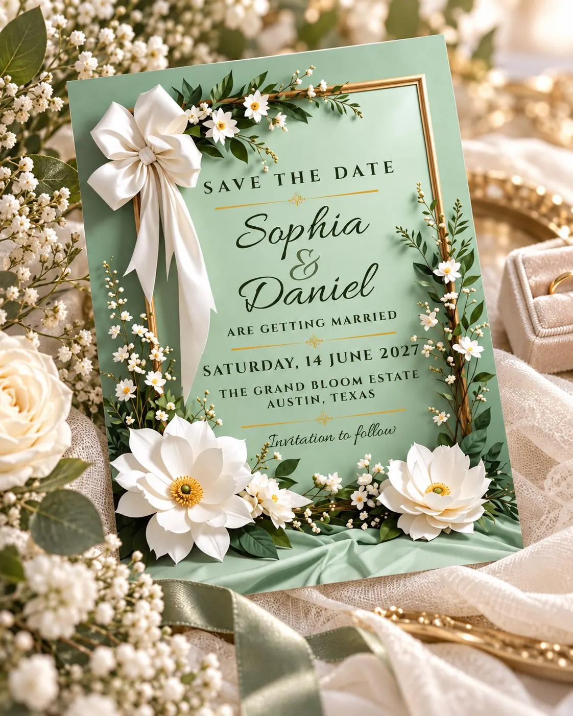 Sage Green Floral Save the Date Template, White Bow, Gold Accents (Canva Editable) - image 3