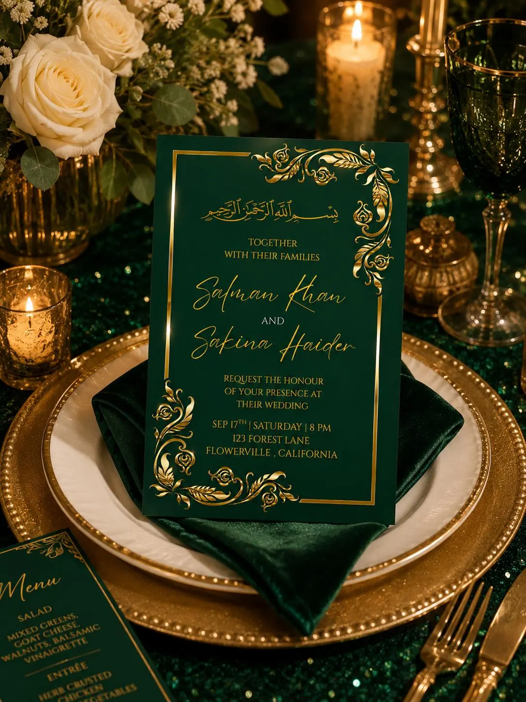Emerald Green Wedding Invitation Template, Editable Canva Invite, Luxury Gold Muslim Wedding Invitation, Nikah Invitation, Digital Download - image 5