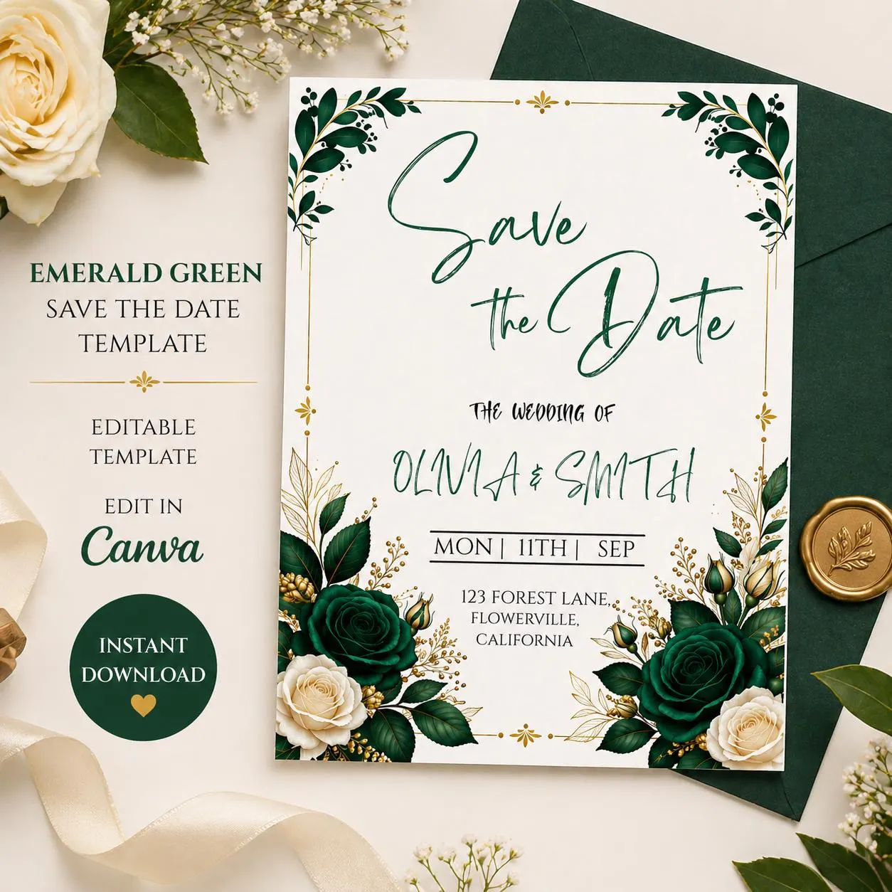 Blue Floral Save the Date Template, Elegant Botanical Wedding Invitation, Editable Canva Wedding Card, Instant Download
