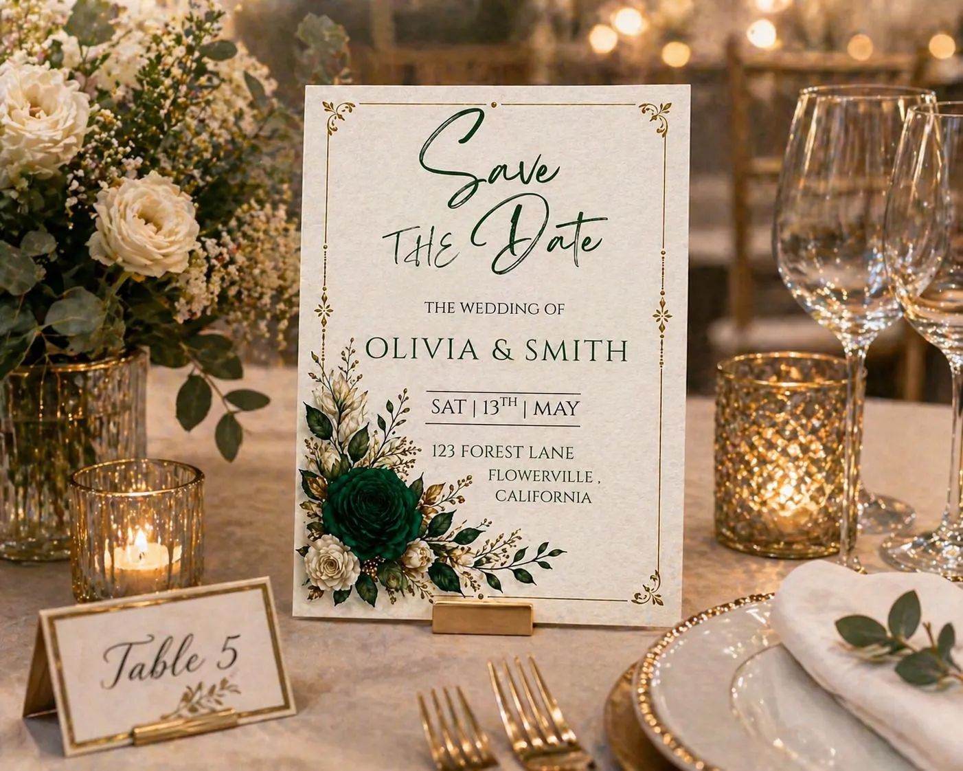 Emerald Green & Gold Floral Save the Date Template, Elegant Wedding Invitation, Botanical Frame Canva Editable Card - image 4