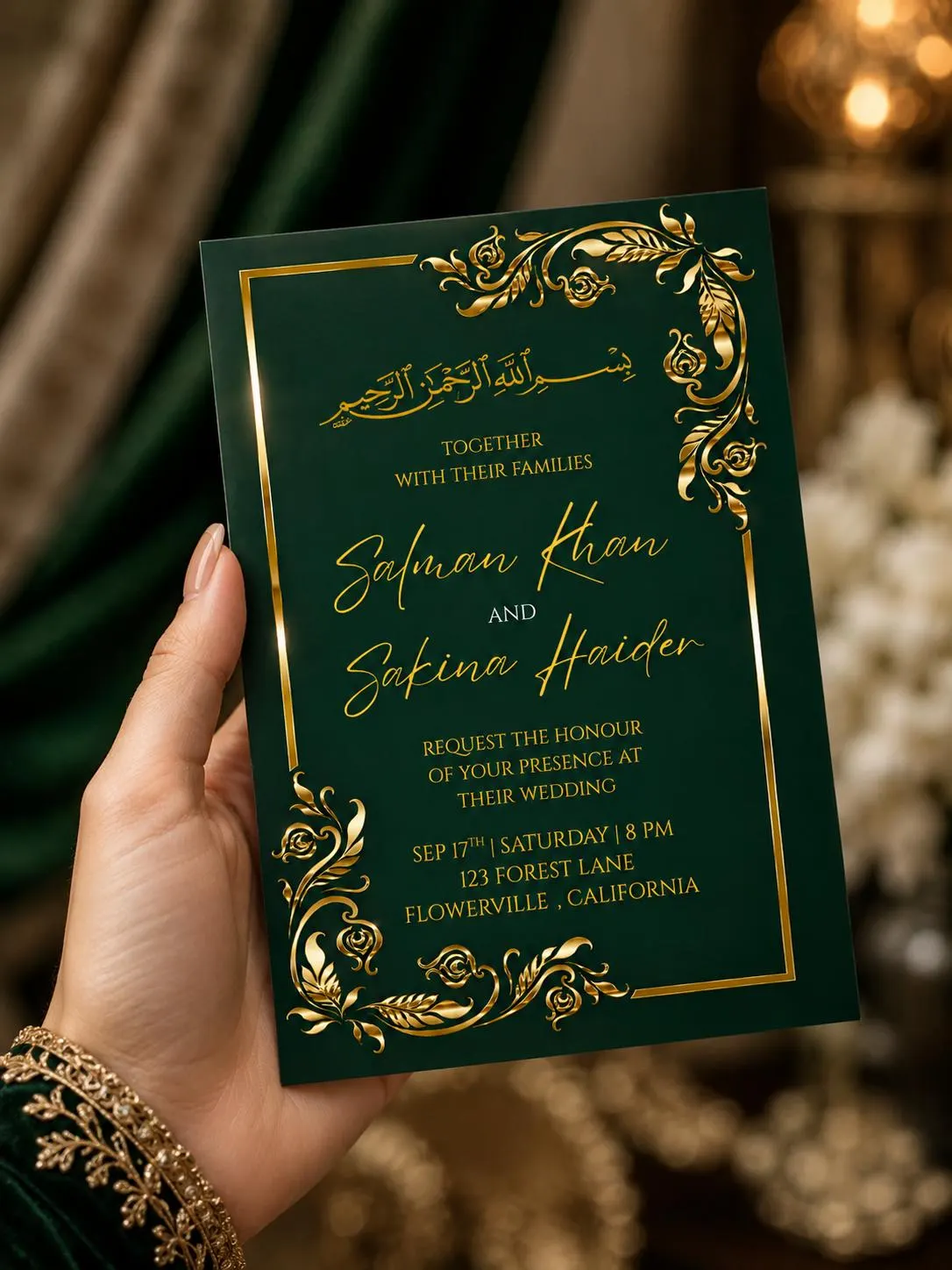 Emerald Green Wedding Invitation Template, Editable Canva Invite, Luxury Gold Muslim Wedding Invitation, Nikah Invitation, Digital Download - image 3