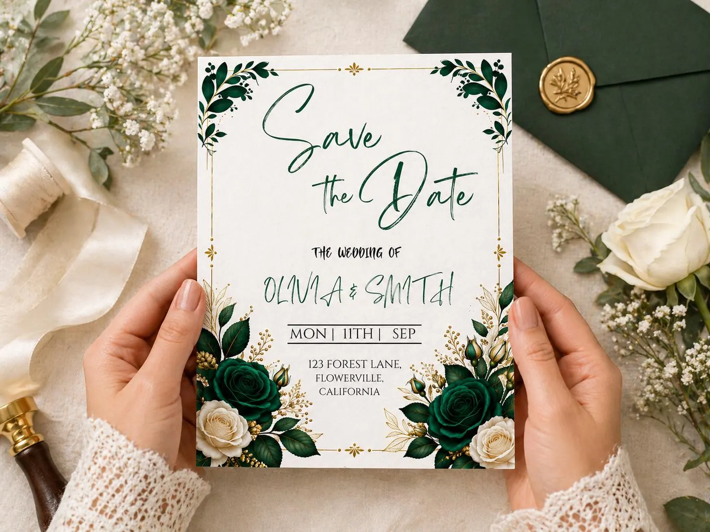 Blue Floral Save the Date Template, Elegant Botanical Wedding Invitation, Editable Canva Wedding Card, Instant Download - image 4