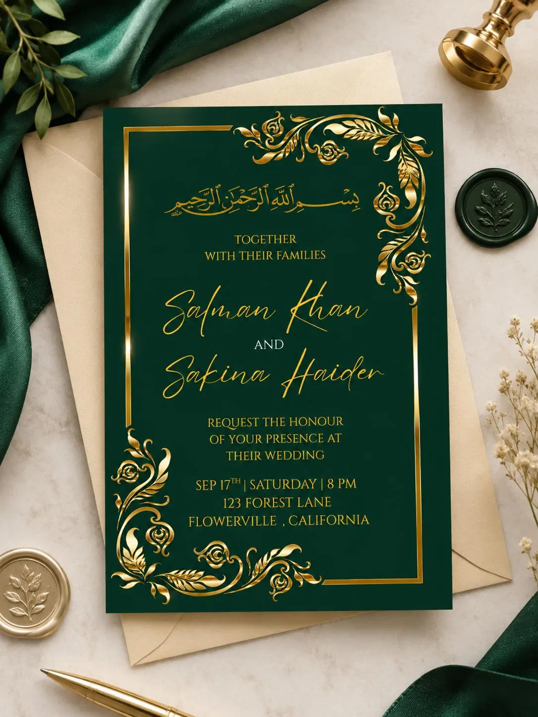 Emerald Green Wedding Invitation Template, Editable Canva Invite, Luxury Gold Muslim Wedding Invitation, Nikah Invitation, Digital Download