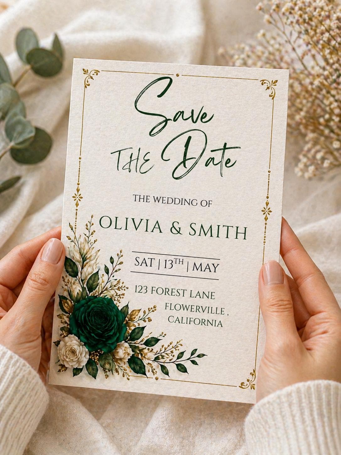 Emerald Green & Gold Floral Save the Date Template, Elegant Wedding Invitation, Botanical Frame Canva Editable Card - image 5
