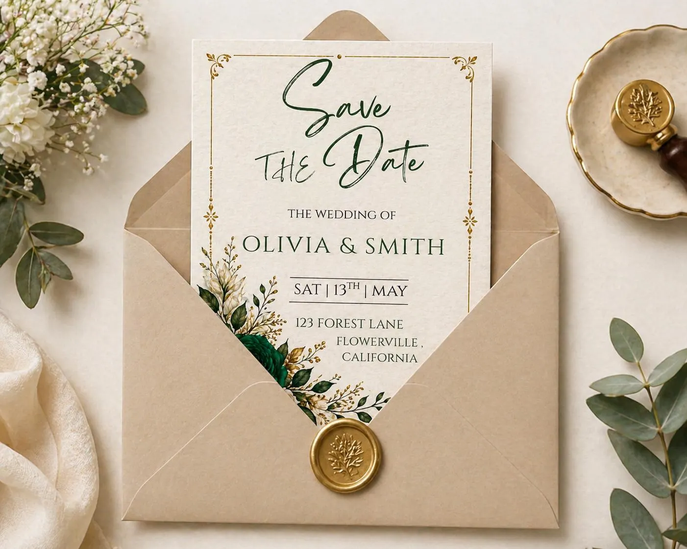 Emerald Green & Gold Floral Save the Date Template, Elegant Wedding Invitation, Botanical Frame Canva Editable Card - image 3