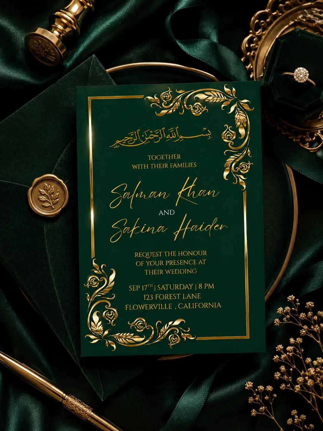 Emerald Green Wedding Invitation Template, Editable Canva Invite, Luxury Gold Muslim Wedding Invitation, Nikah Invitation, Digital Download - image 4