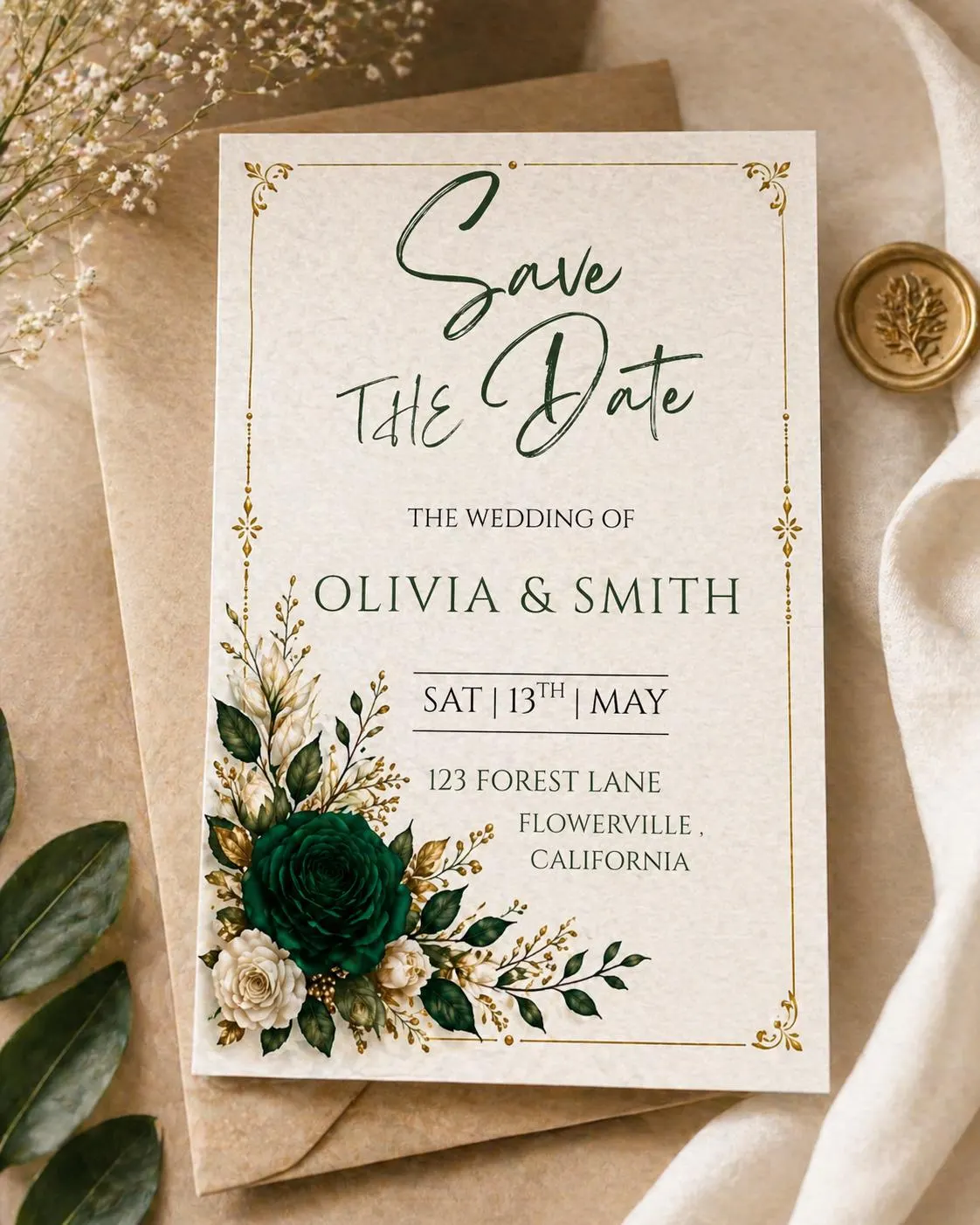 Emerald Green & Gold Floral Save the Date Template, Elegant Wedding Invitation, Botanical Frame Canva Editable Card