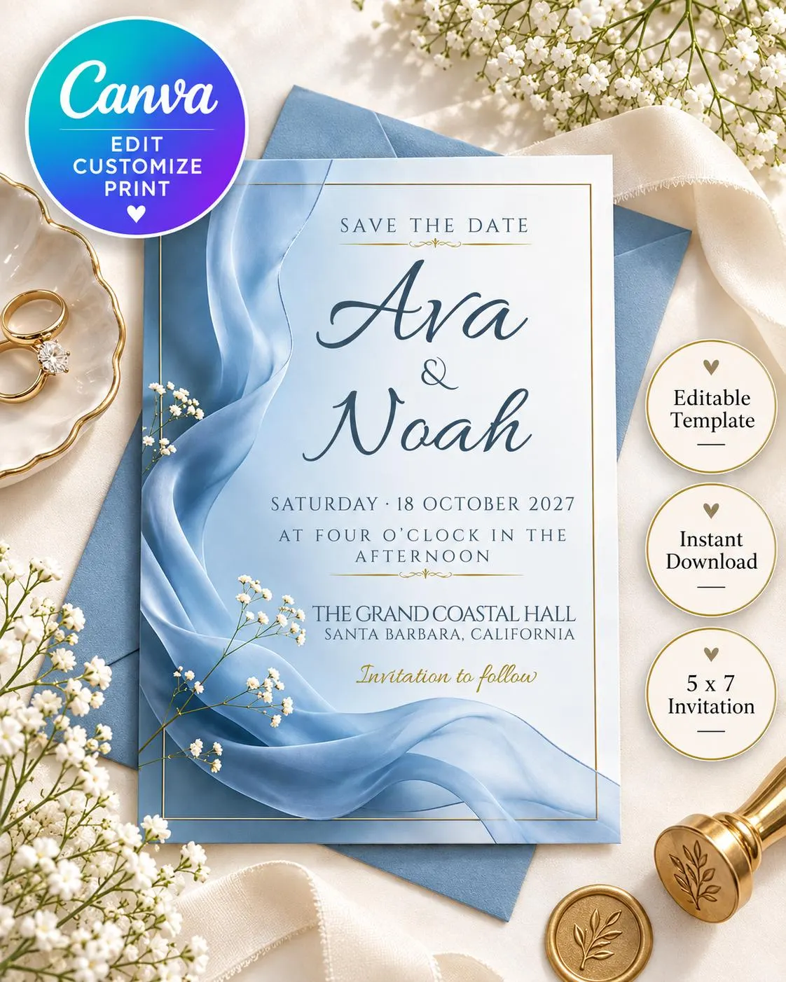 Dusty Blue Save the Date Template, Editable Canva Wedding Invitation, Elegant Blue 5x7 Invite, Instant Download
