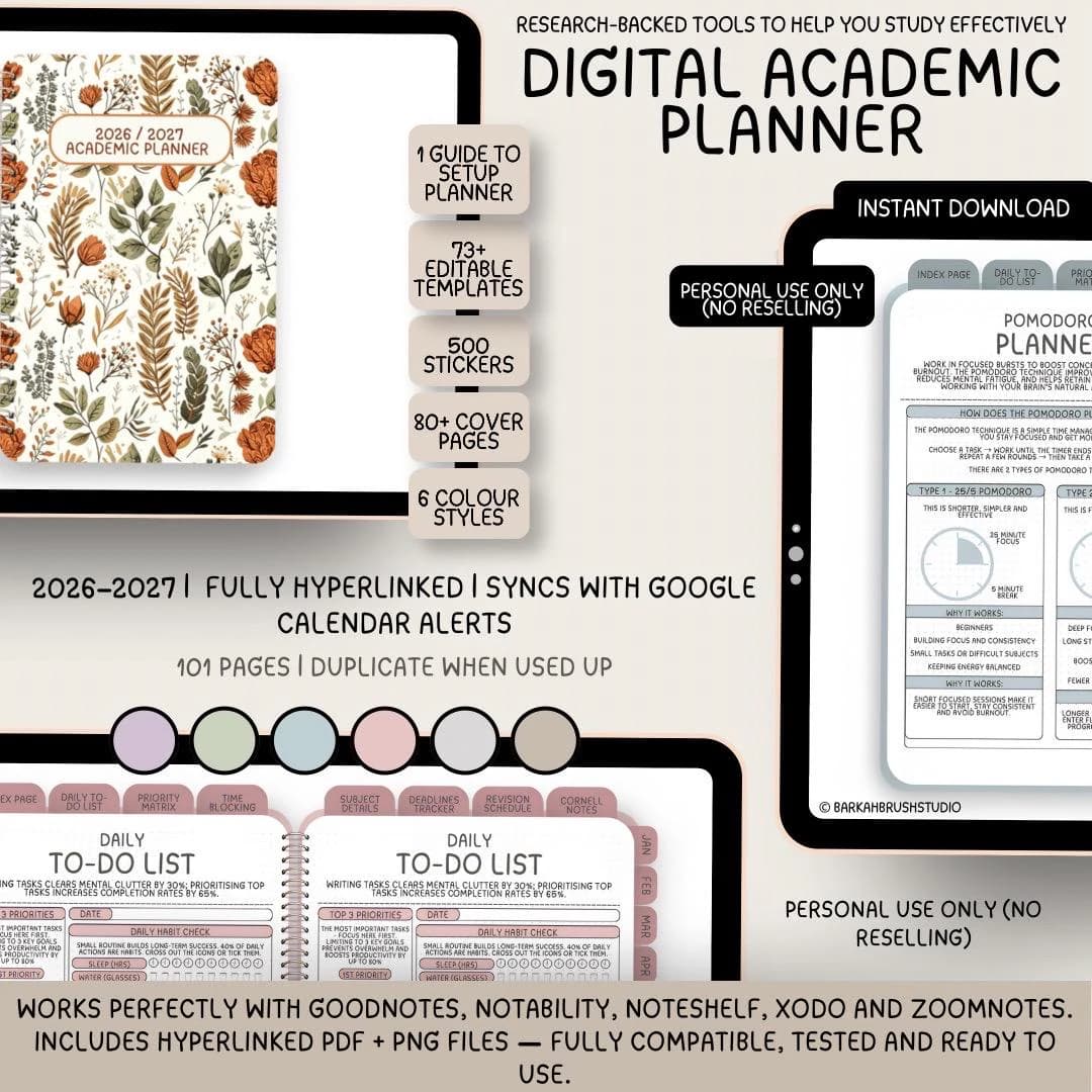 2026–2027 Digital Academic Planner | Digital Student Planner with research-backed study templates. Instant download | Apple, Android & more.