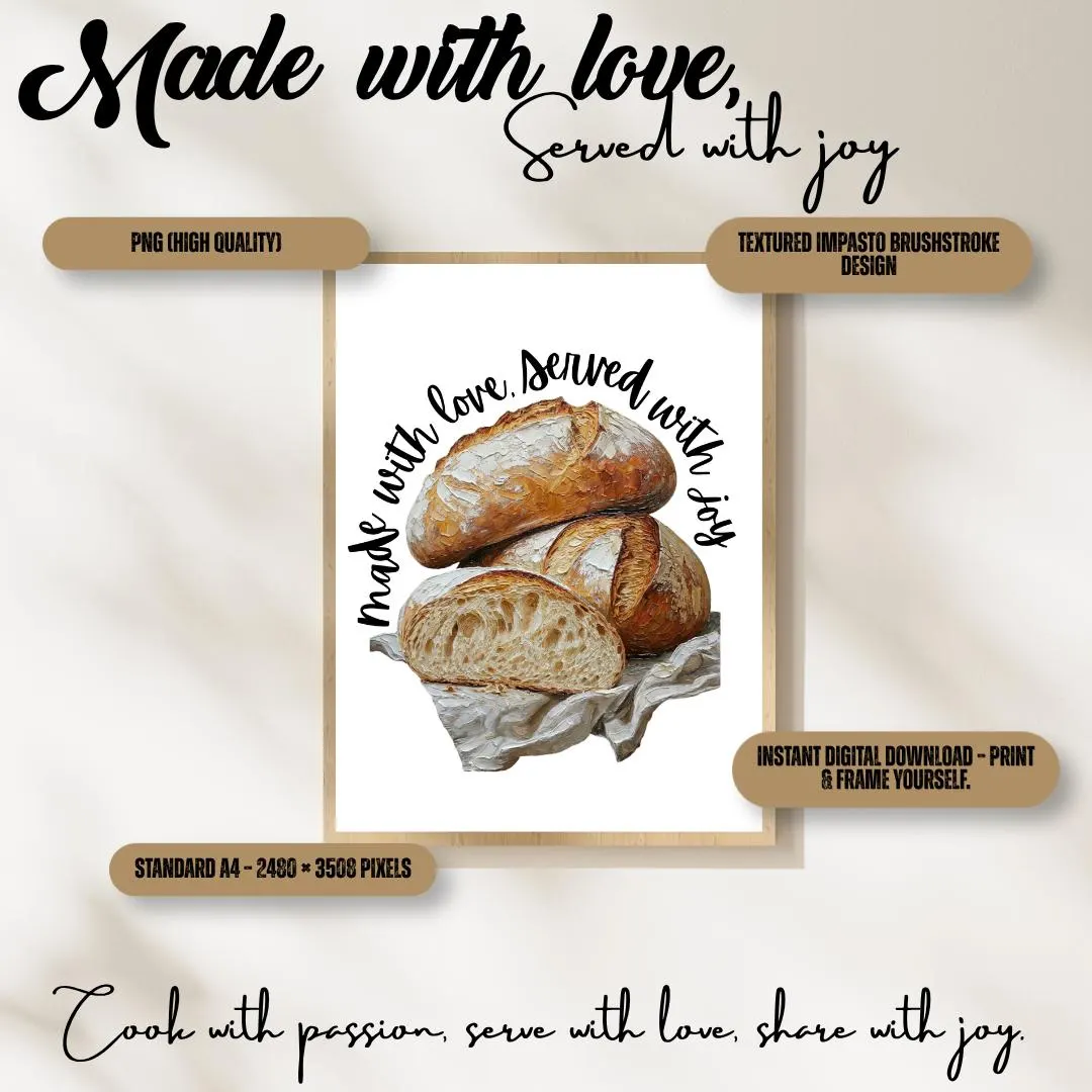 Made With Love, Served With Joy | Kitchen Wall Art | Impasto Style Print | Digital Download | A4 Printable Kitchen Quote Decor