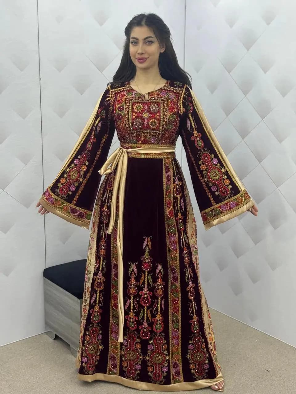 Maroon Velvet Palestinian Thobe Dress – Intricate Gold Embroidery, Traditional Thawb
