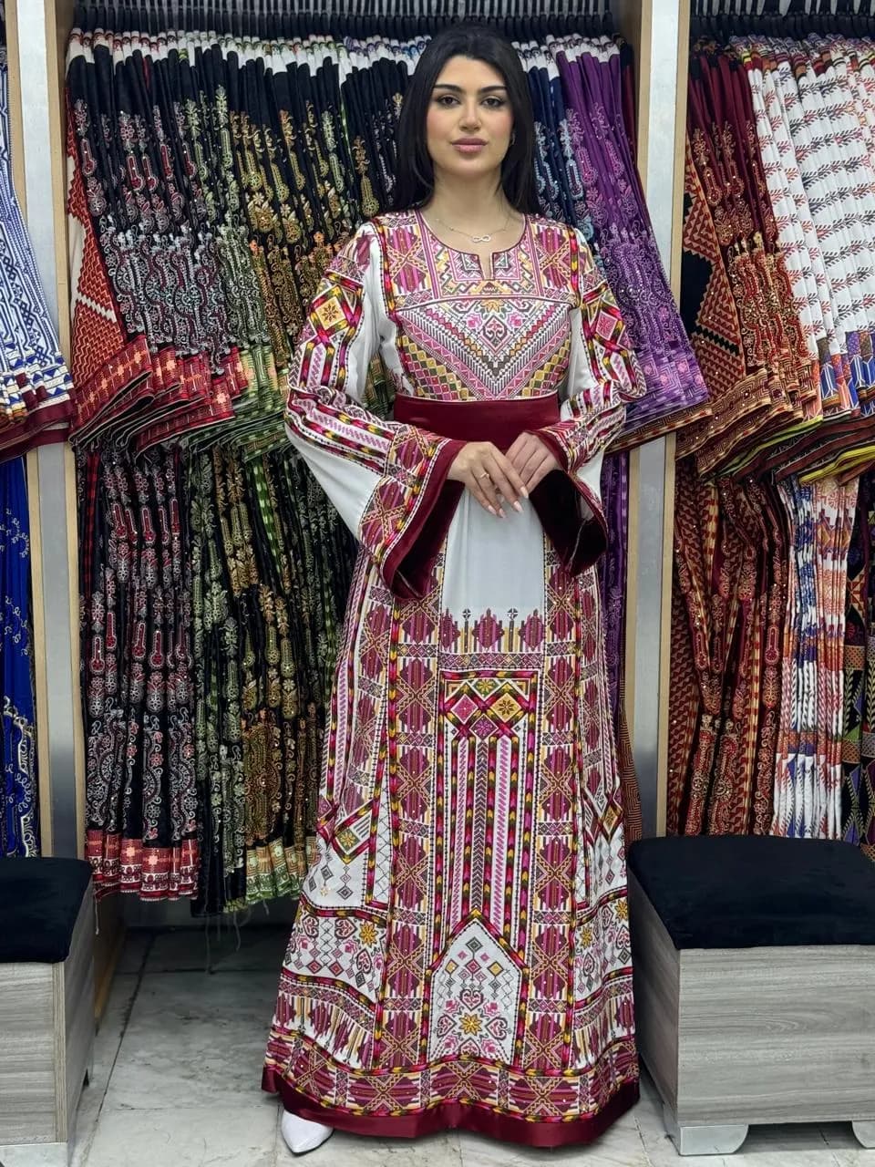 Traditional Embroidered Palestinian Thobe Dress – Red White Cultural Heritage Design