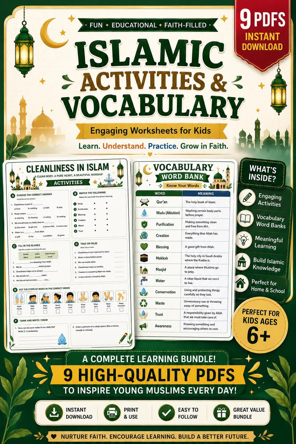 Low-Prep Islamic Learning Bundle for Kids | 22 Printable PDFs | Activities and Vocabulary | Worksheets Stories - image 4