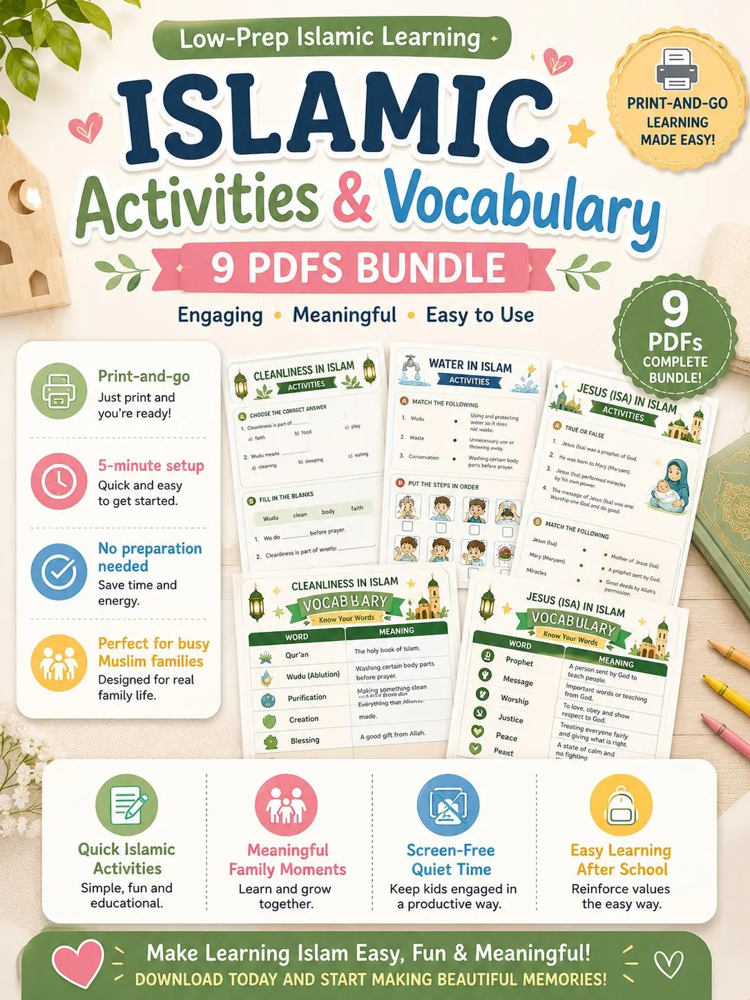 Low-Prep Islamic Learning Bundle for Kids | 22 Printable PDFs | Activities and Vocabulary | Worksheets Stories - image 5