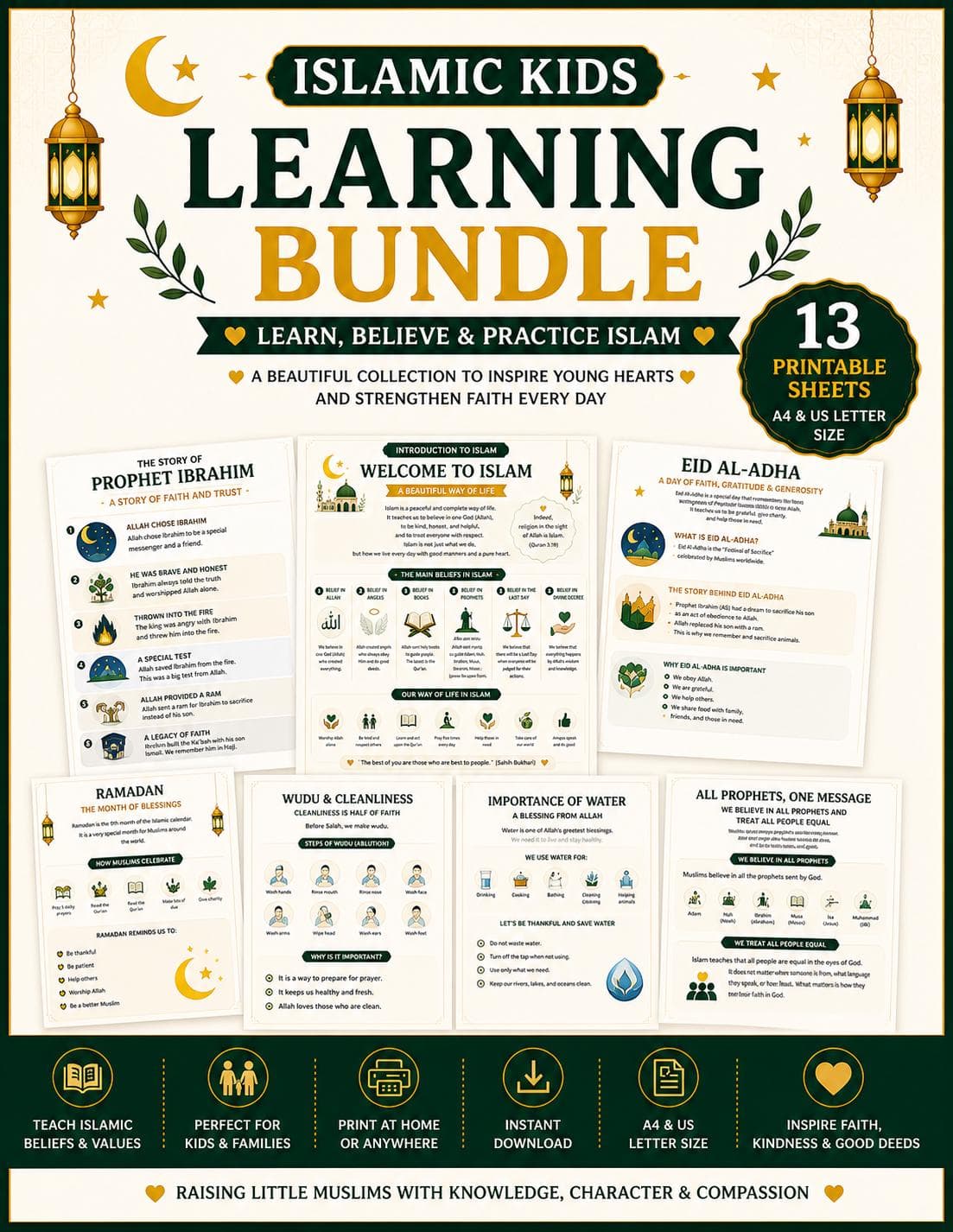 Low-Prep Islamic Learning Bundle for Kids | 22 Printable PDFs | Activities and Vocabulary | Worksheets Stories