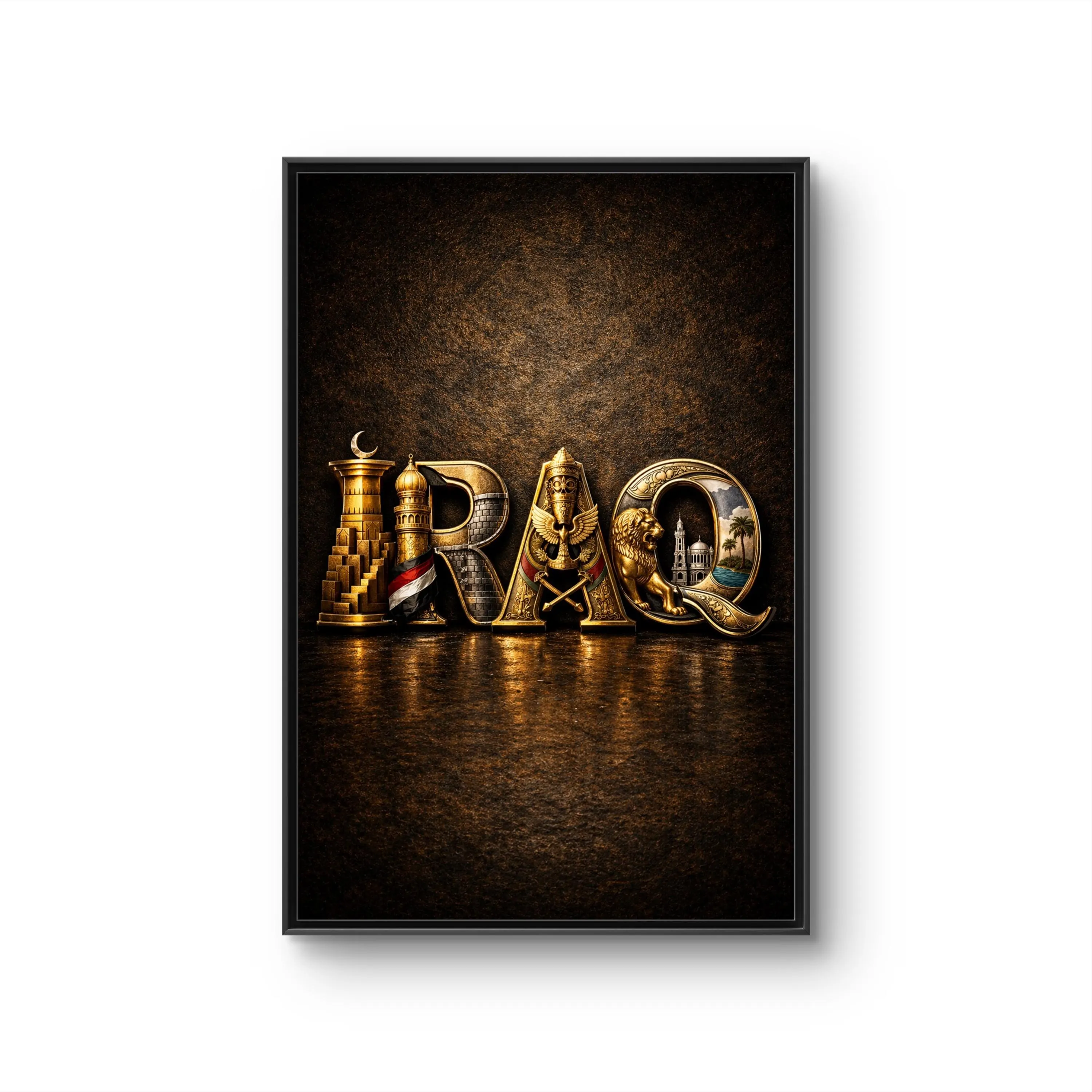 Iraq Letter Art Canvas Framed | Mesopotamian Ziggurat Minaret Lion Design