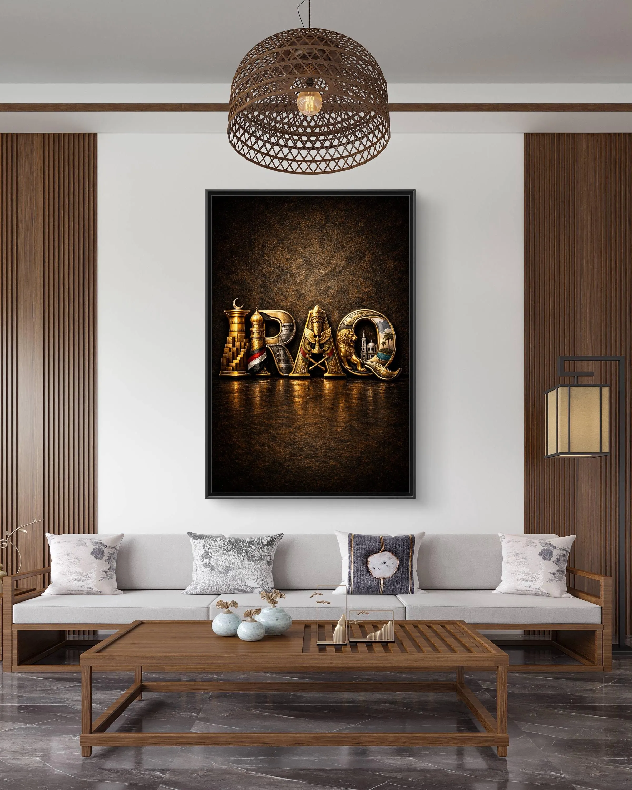 Iraq Letter Art Canvas Framed | Mesopotamian Ziggurat Minaret Lion Design - image 3