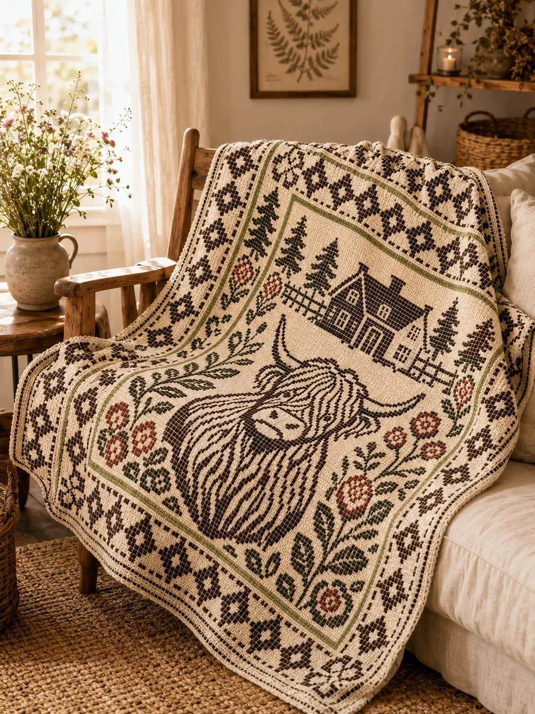 Mosaic Crochet Blanket Pattern PDF Highland Cow Overlay Crochet Chart Throw Farmhouse Cottagecore