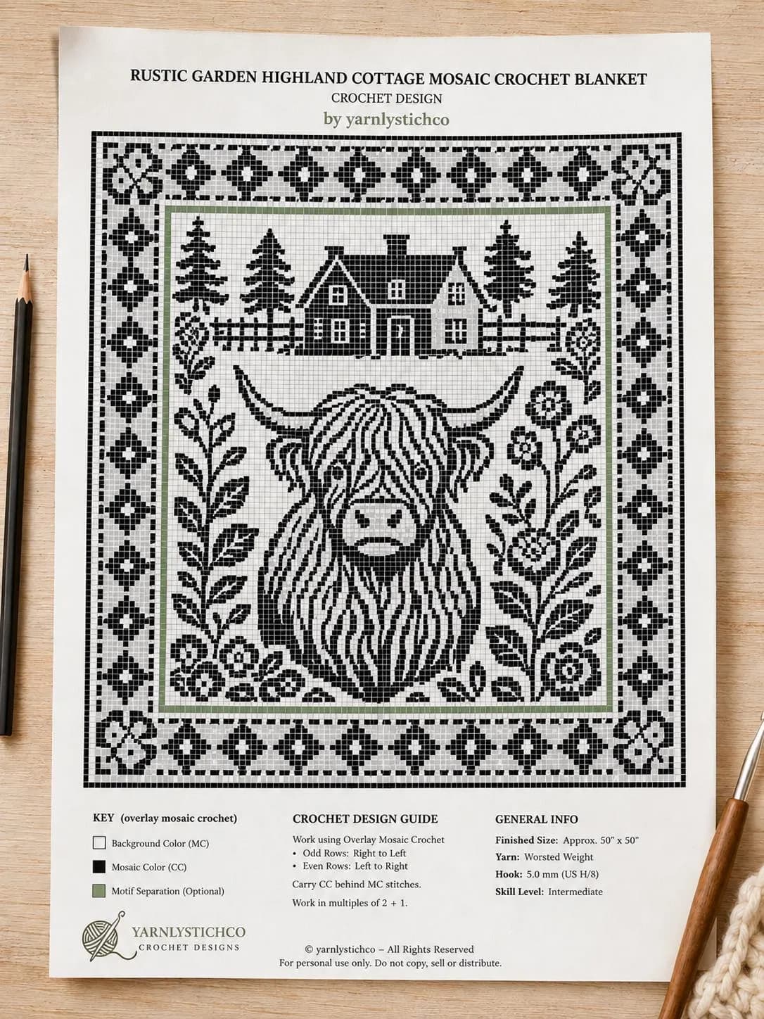 Mosaic Crochet Blanket Pattern PDF Highland Cow Overlay Crochet Chart Throw Farmhouse Cottagecore - image 3