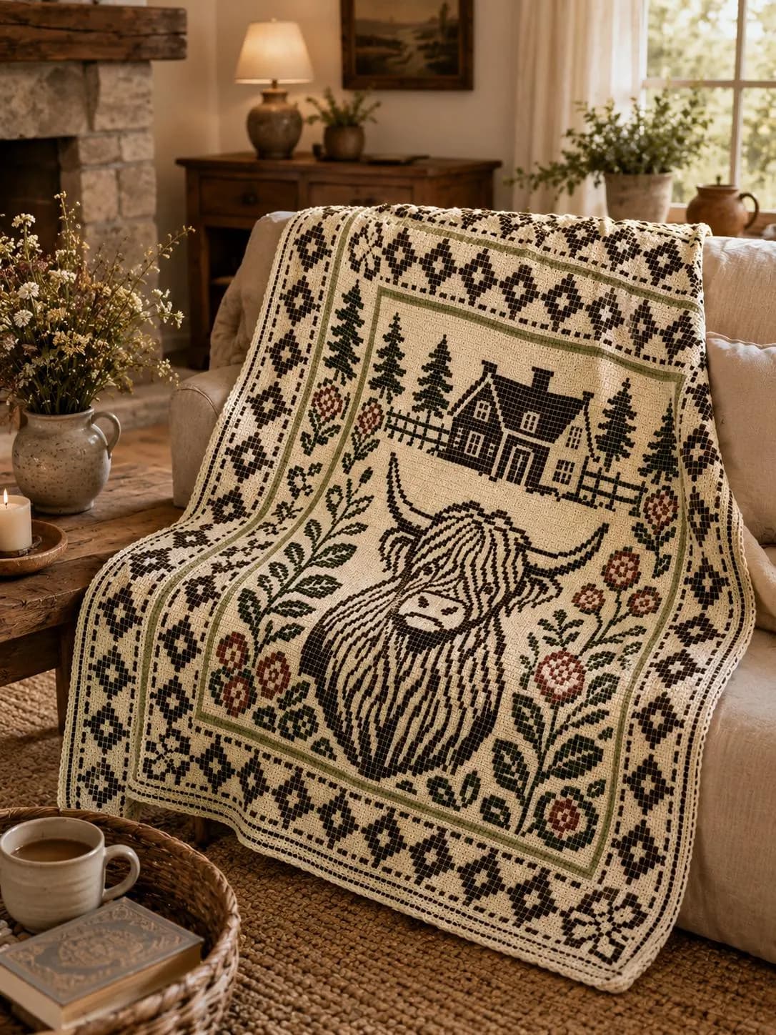 Mosaic Crochet Blanket Pattern PDF Highland Cow Overlay Crochet Chart Throw Farmhouse Cottagecore - image 4
