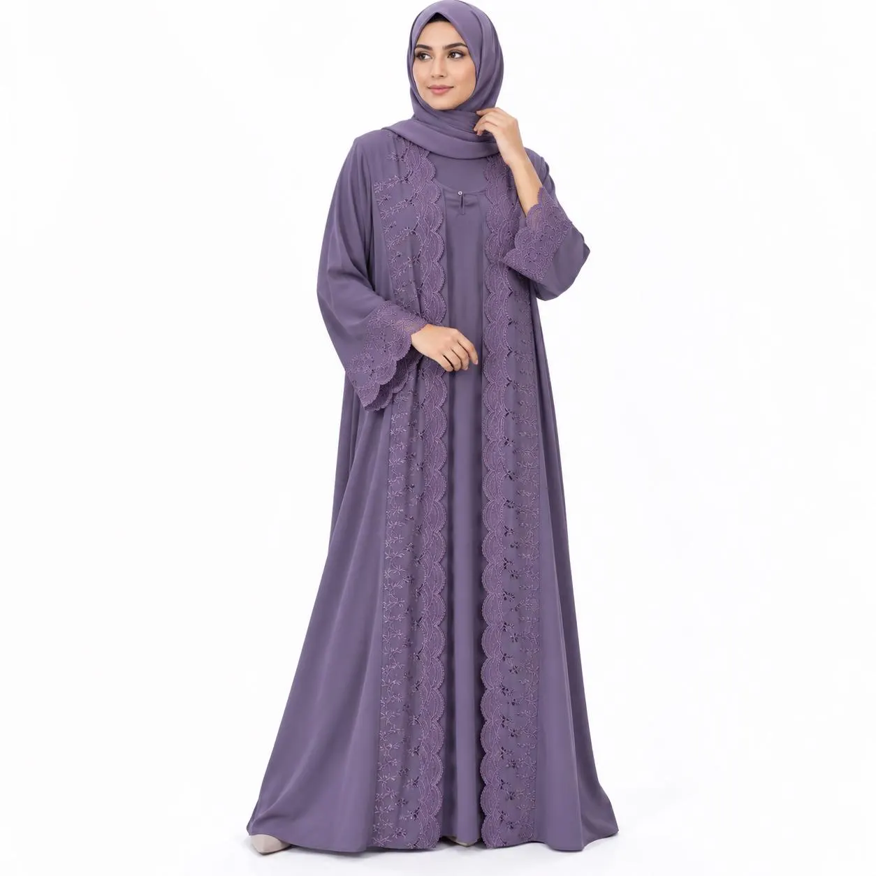 Saudi Style Abaya Elegant Embroidered Open Front Abaya  Two Piece abaya with separate inner Modest Islamic Dress Luxury Muslim Women’s Abaya - image 4