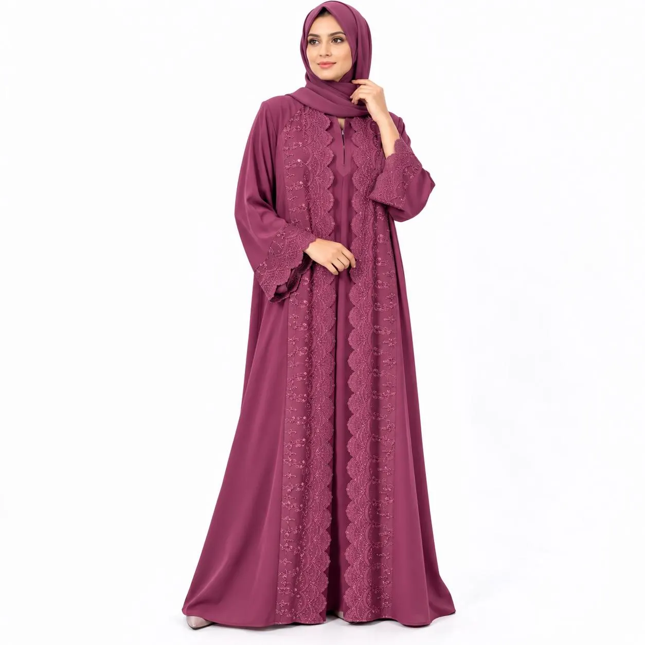 Saudi Style Abaya Elegant Embroidered Open Front Abaya  Two Piece abaya with separate inner Modest Islamic Dress Luxury Muslim Women’s Abaya