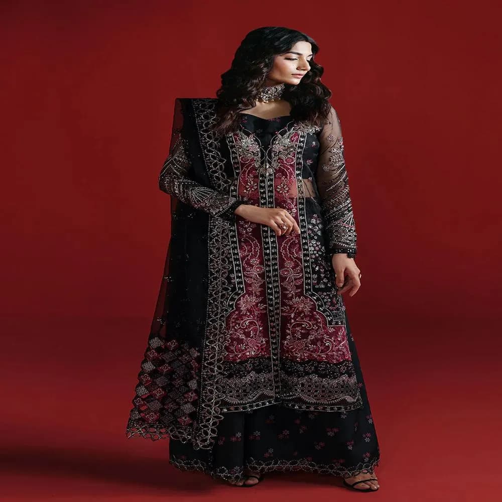 Embroidered Organza Dress with Shawl Heavy Wedding Dresses – Asian Style Luxury Party Wear