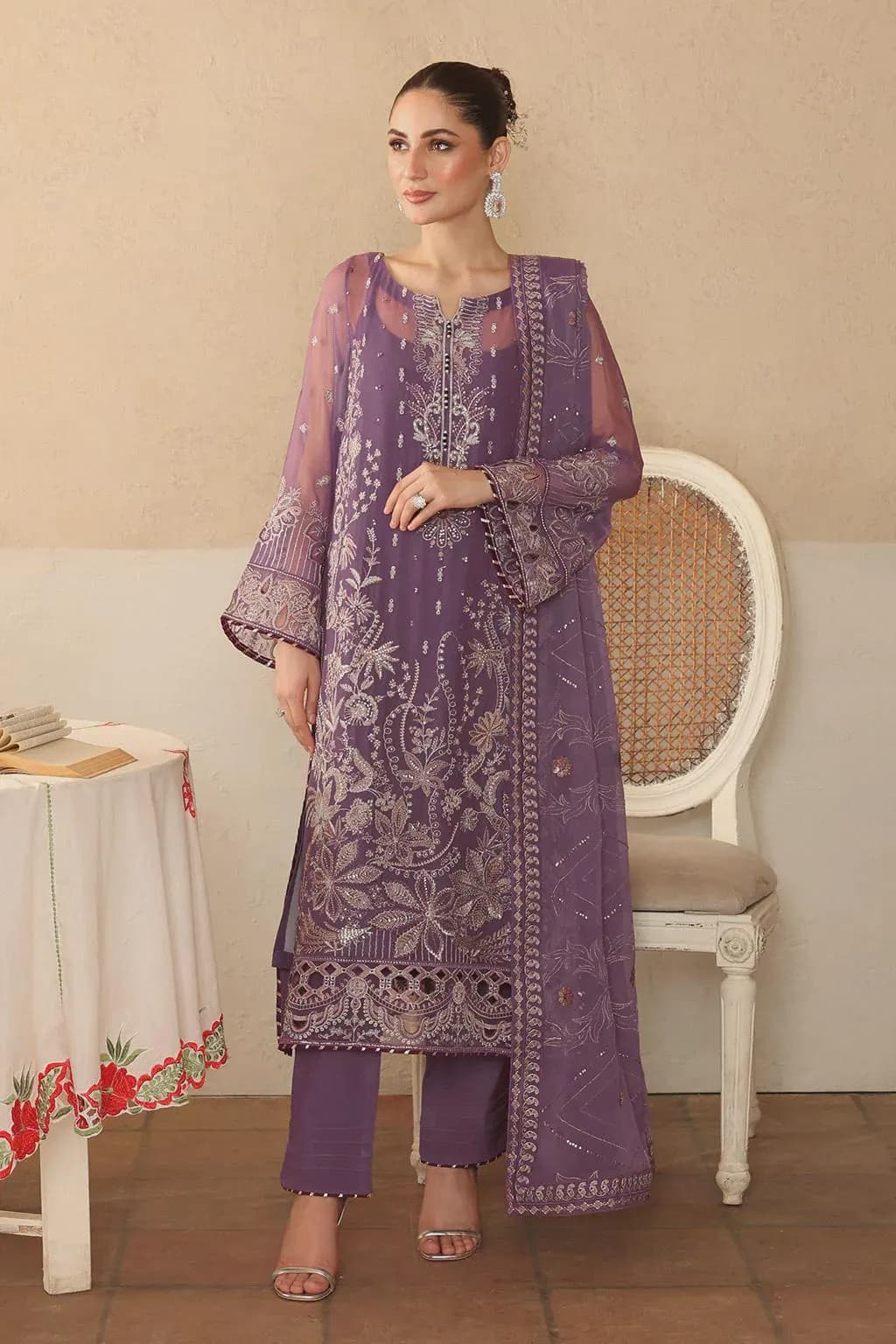 Pakistani Indian Chiffon Dress | 3 Piece  Suit | Embroidered Eid & Wedding Guest Outfit | Partywear Designer