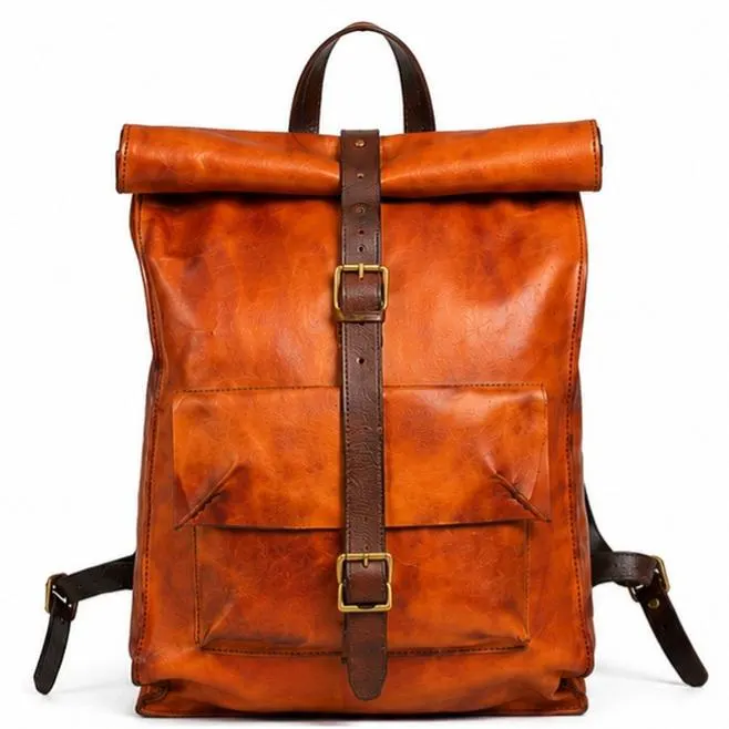 Full Grain Leather Roll Top Backpack – Vintage Distressed Rucksack Laptop Bag