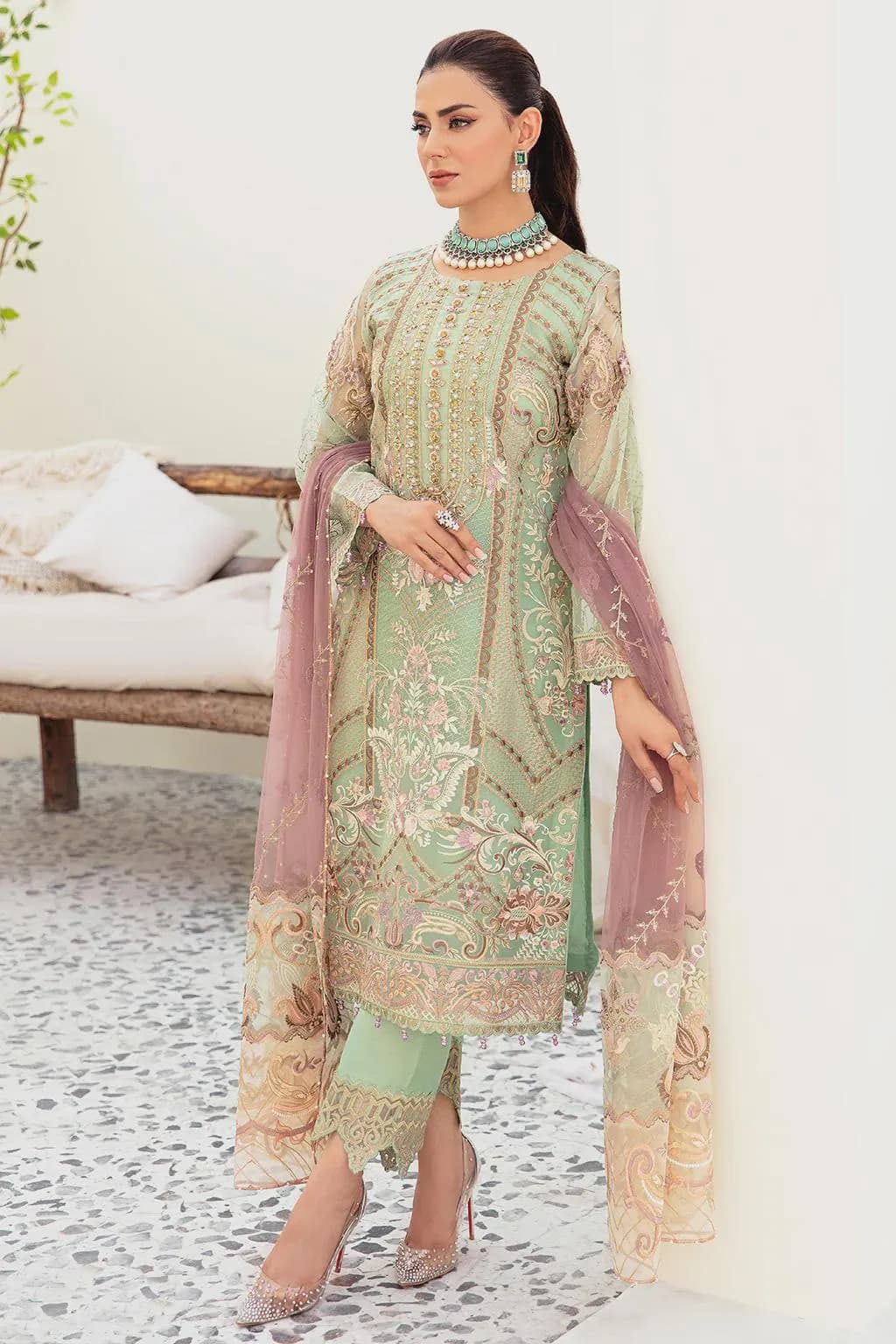 Embroidered Organza Salwar Kameez, Luxury Pakistani Wedding Dress, Raw Silk Trouser - image 4