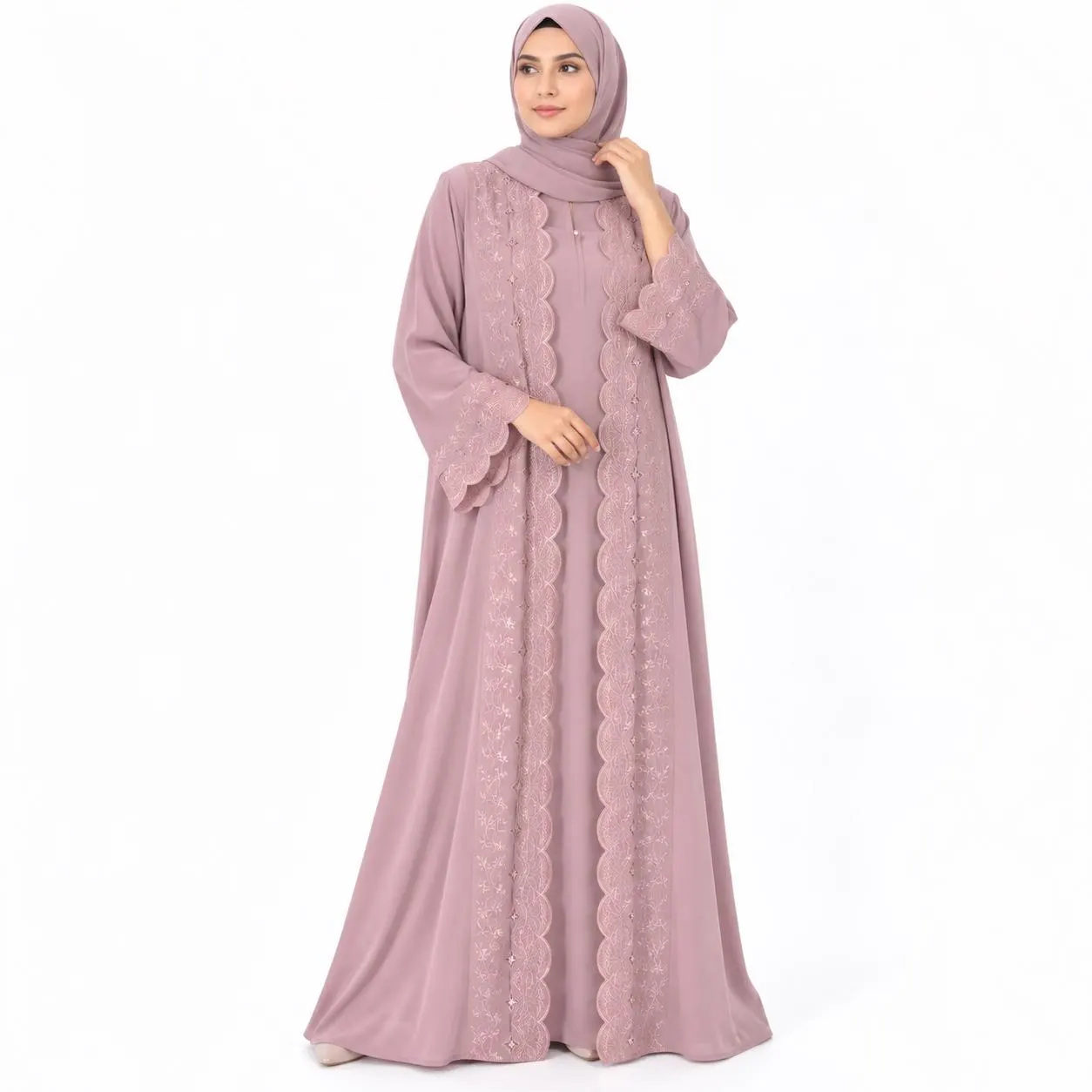 Saudi Style Abaya Elegant Embroidered Open Front Abaya  Two Piece abaya with separate inner Modest Islamic Dress Luxury Muslim Women’s Abaya - image 3