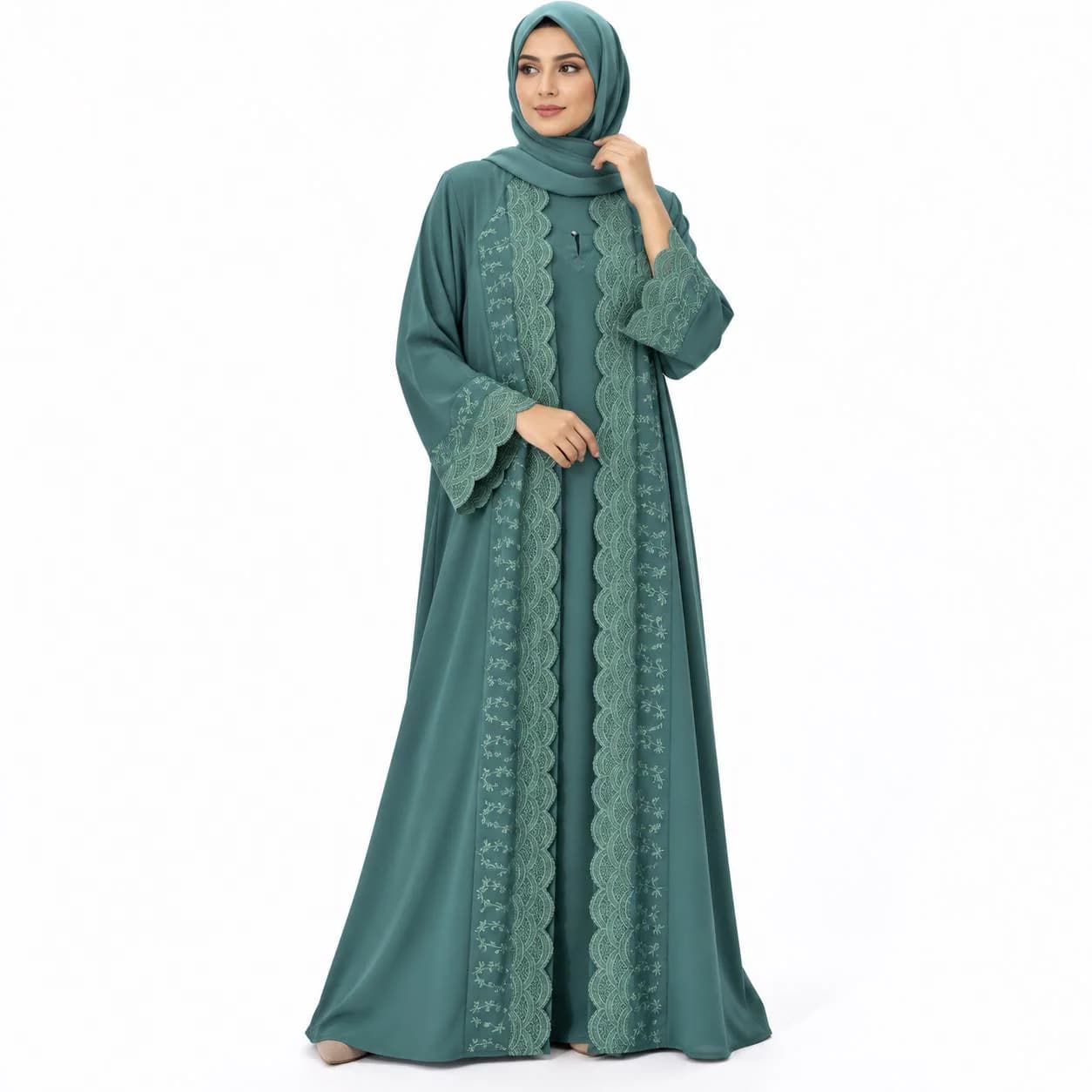 Saudi Style Abaya Elegant Embroidered Open Front Abaya  Two Piece abaya with separate inner Modest Islamic Dress Luxury Muslim Women’s Abaya - image 5