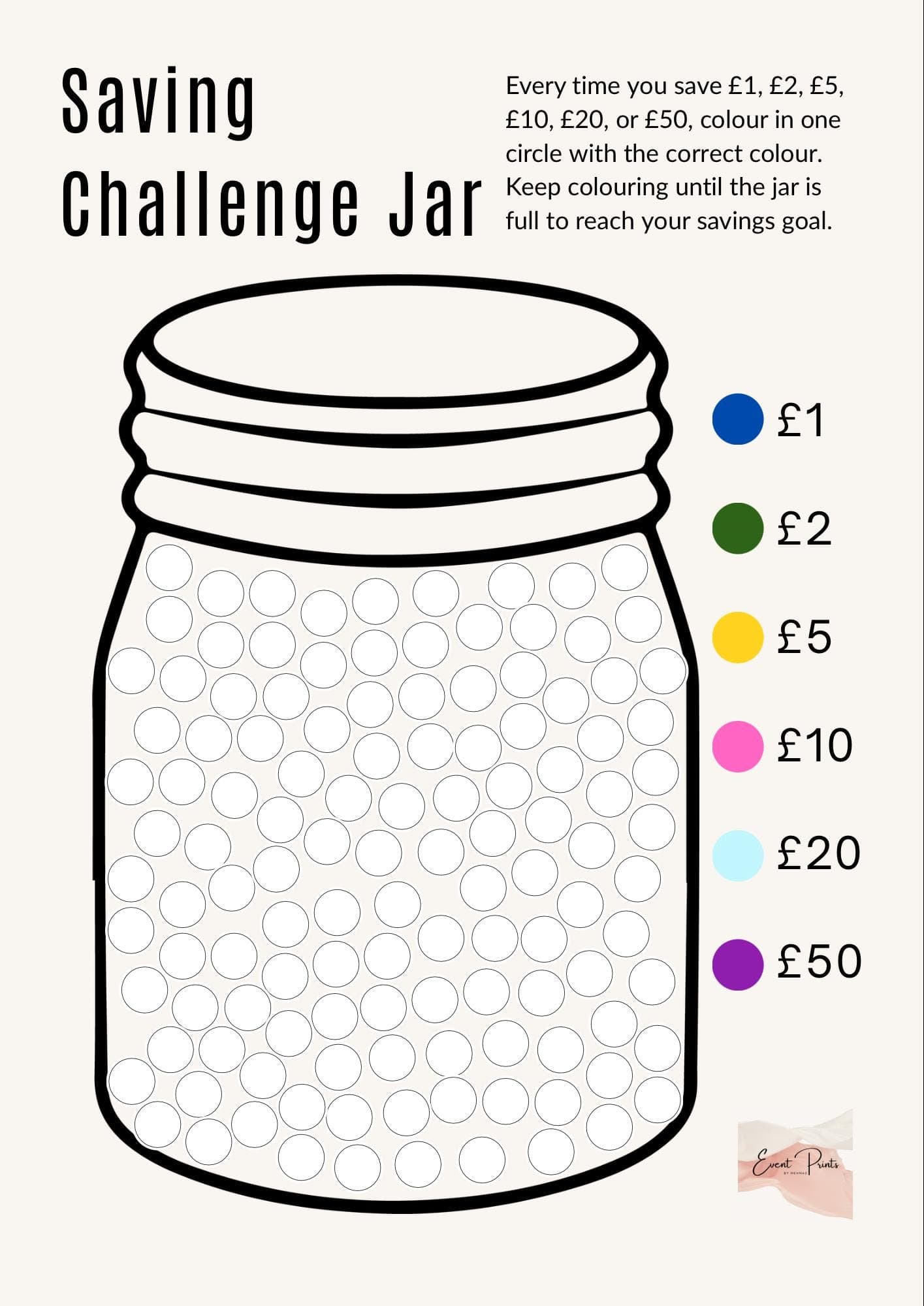 Savings Challenge Jar Tracker | Colour and Save Money Jar (A4 Digital Download)