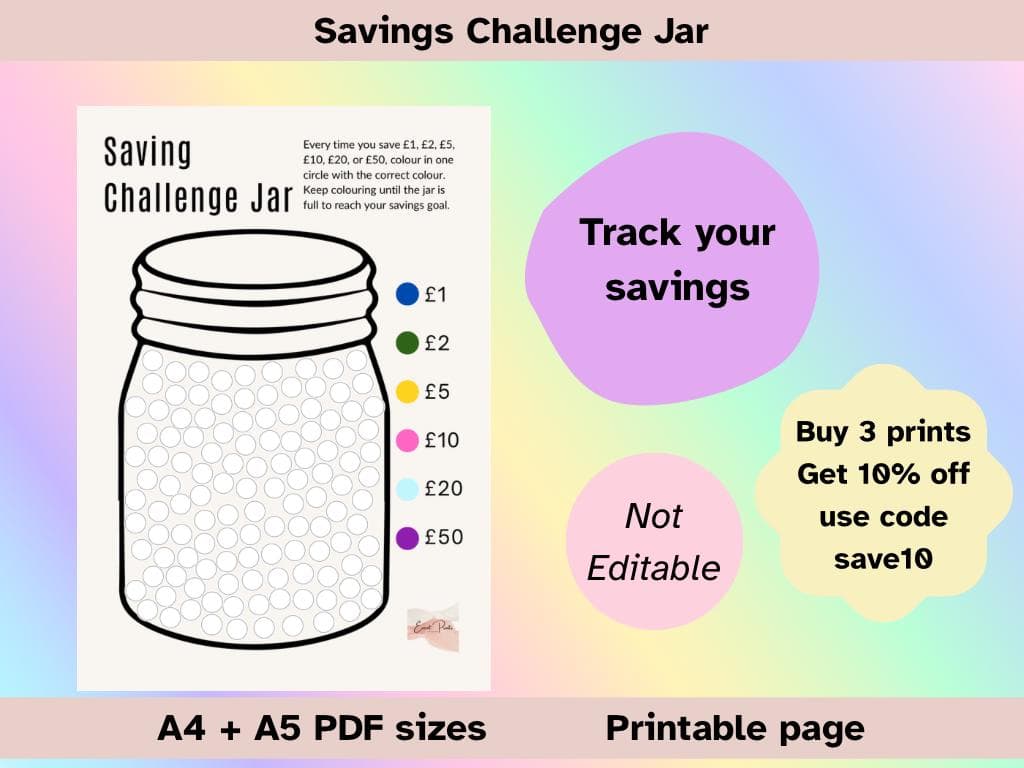 Savings Challenge Jar Tracker | Colour and Save Money Jar (A4 Digital Download)